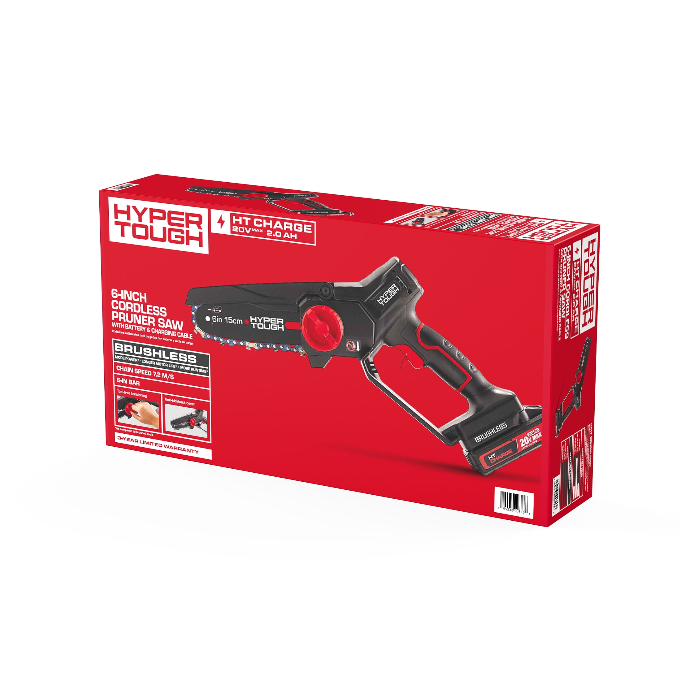 Hyper Tough 6 in 20V Brushless Cordless Pruner Saw with 2.0Ah Battery and Charging Cable (Black, 6 in) 5xayx