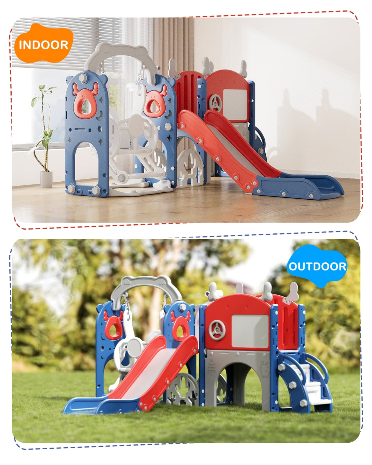 YUFU 13-in-1 Toddler Slide and Swing Set with Basketball Hoop and Drawing Board (Red, 82 in x 62 in x 41.3 in) djqu8