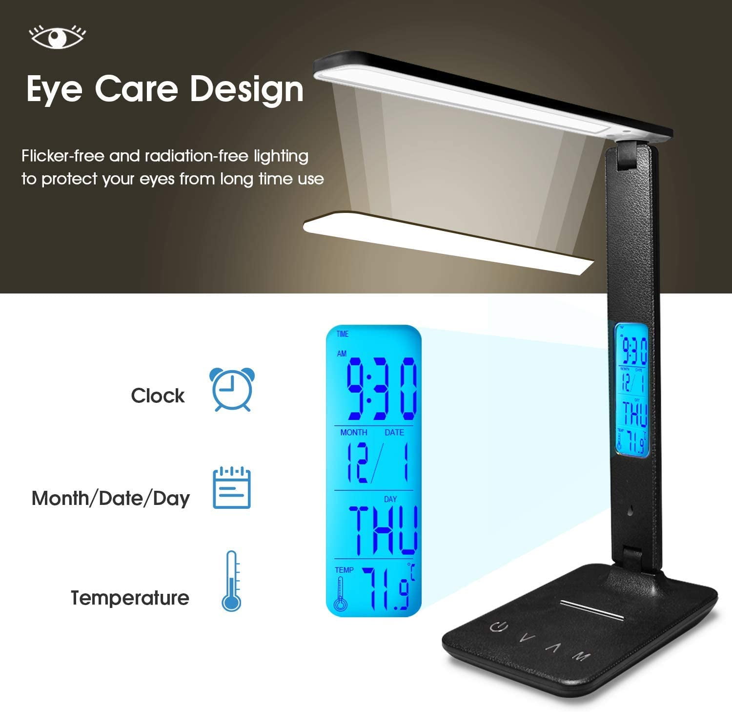 Lococo LED Desk Lamp with Wireless Charger and USB Port, Foldable Office Light with Clock and Alarm (Black, 1 Pack) bxw6e