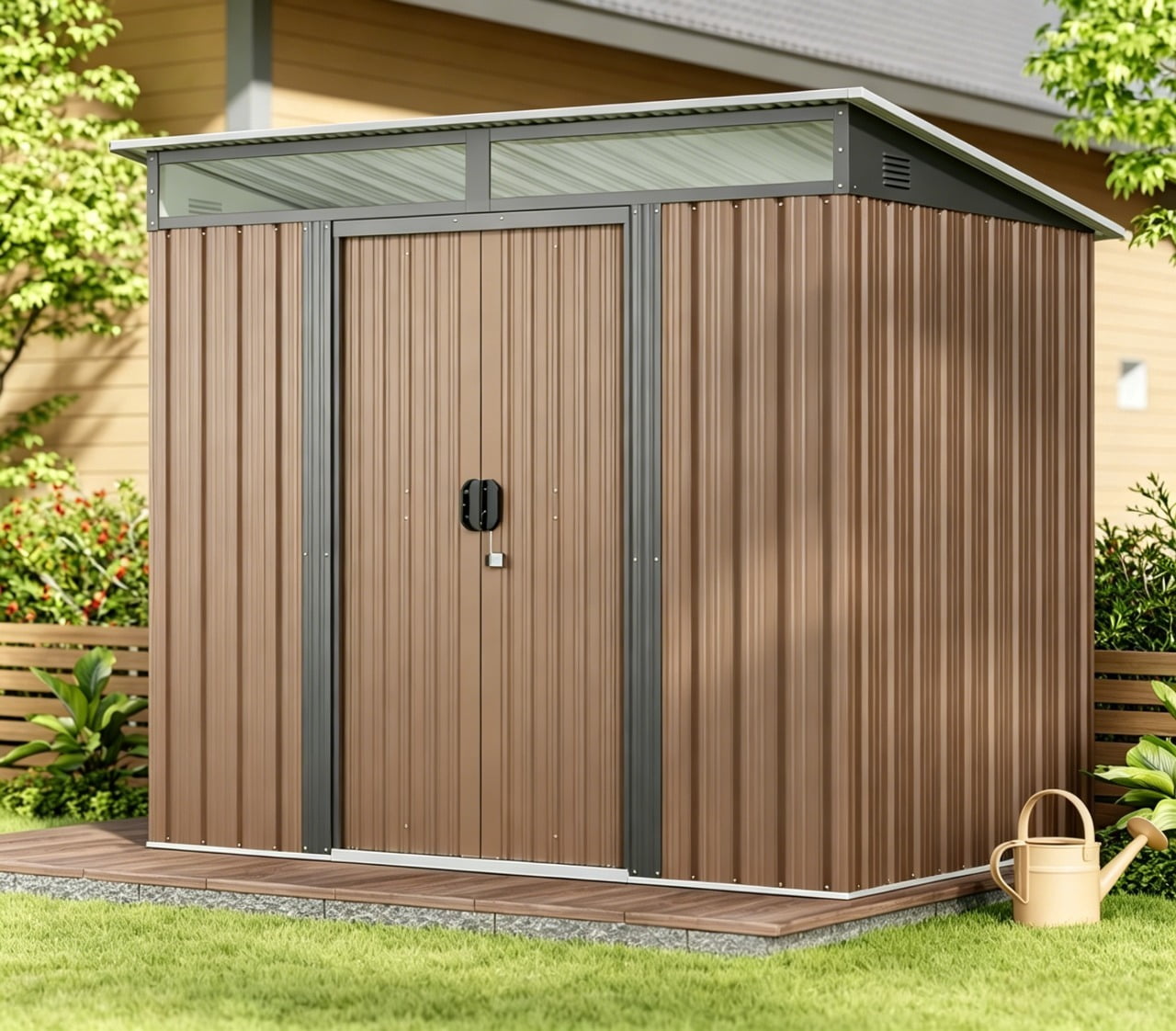 Asofer Lockable Metal Tool Shed, Outdoor Storage Cabinet with Double Doors and Light Window (Brown, 76.8 in x 42.9 in x 77.2 in) h7x2o