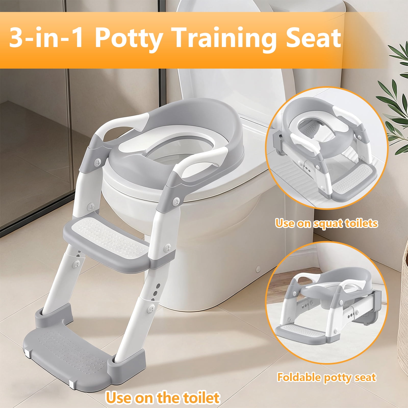 Gijjgole 3-in-1 Potty Training Seat with Step Stool Ladder, Adjustable Toddler Toilet Trainer with Splash Guard (Grey) 0ujaf