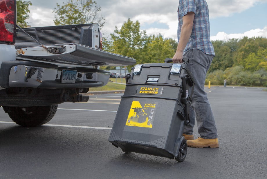 STANLEY FatMax 4-in-1 Mobile Work Station, Heavy-Duty Rolling Tool Box with Telescopic Handle (24.8 in. H x 16.2 in. W x 21.6 in. L) gegq5