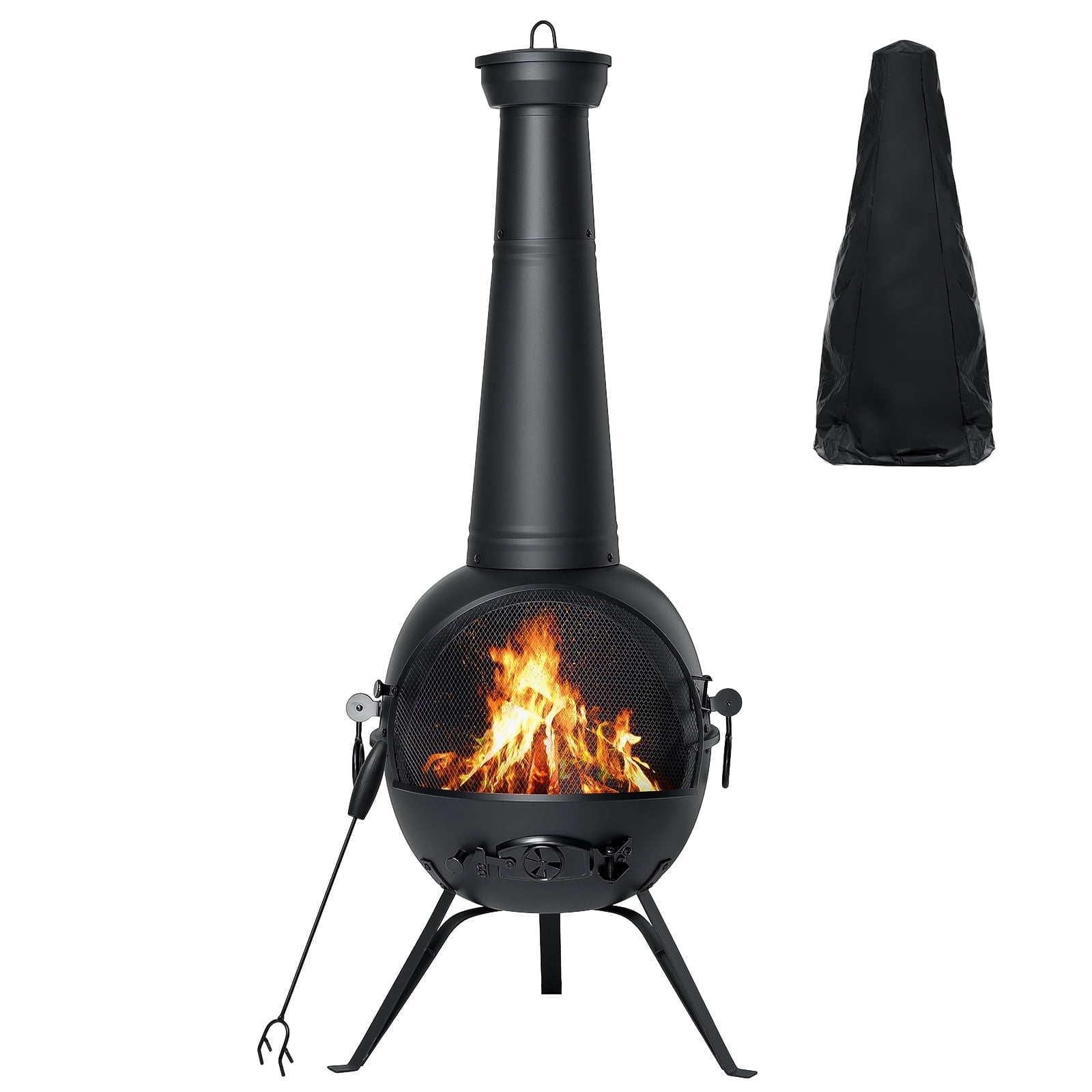 SinglyFire Outdoor Wood Burning Chiminea Fire Pit with Rain Cover and Mesh Door (Black, 54.5 in) x97fi