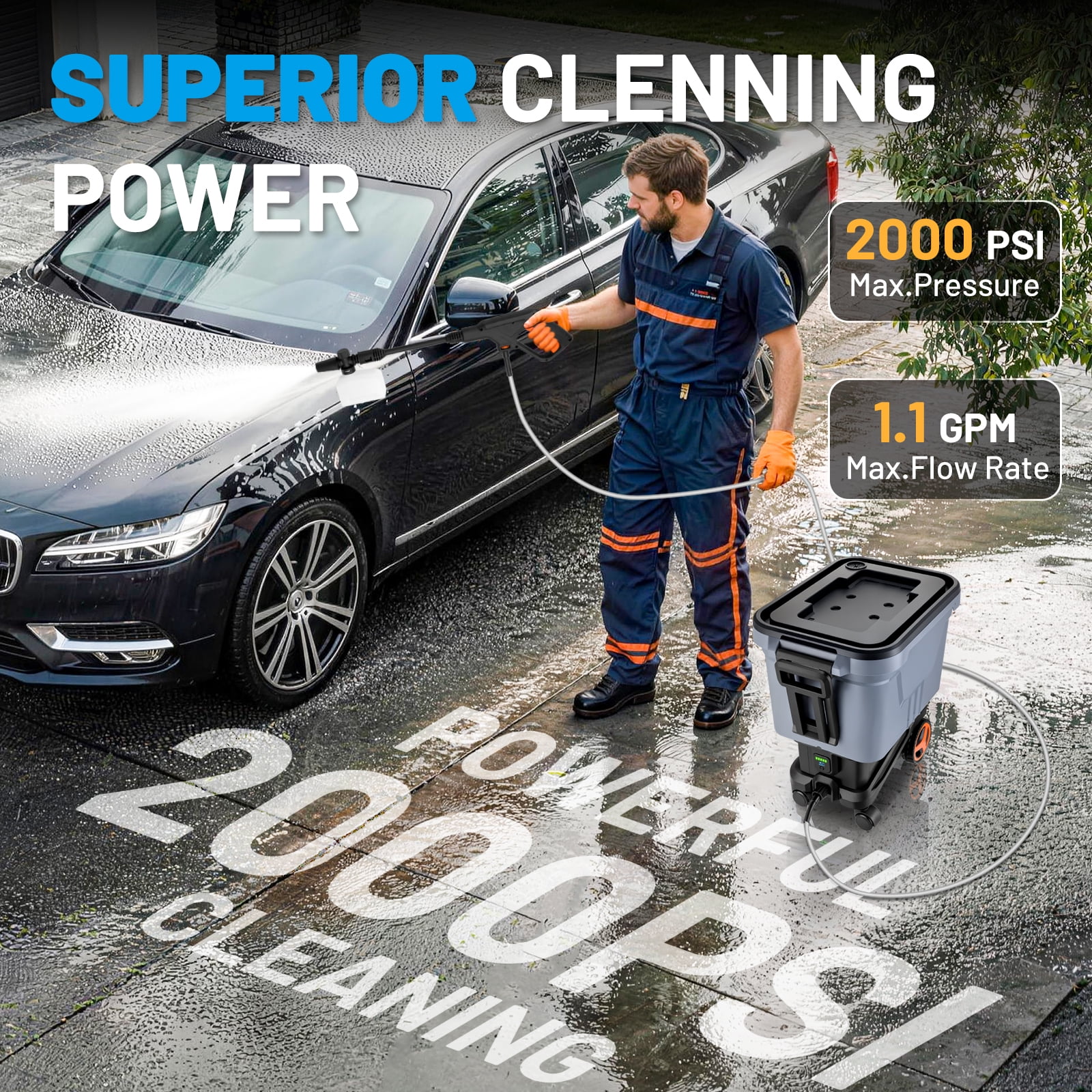 SPEEDWOW 2000PSI Cordless Pressure Washer with 7.2 Gal Water Tank and 16 ft Hose (Black, 14 lb) avkg5
