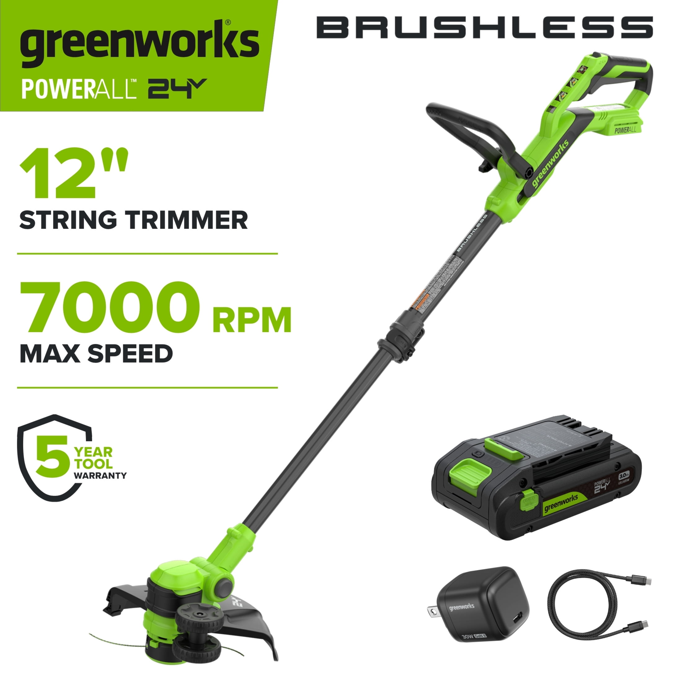 Greenworks PowerAll 24V Brushless 12 in String Trimmer with 3.0 Ah USB-C Battery and Charger (12 in) gd83u