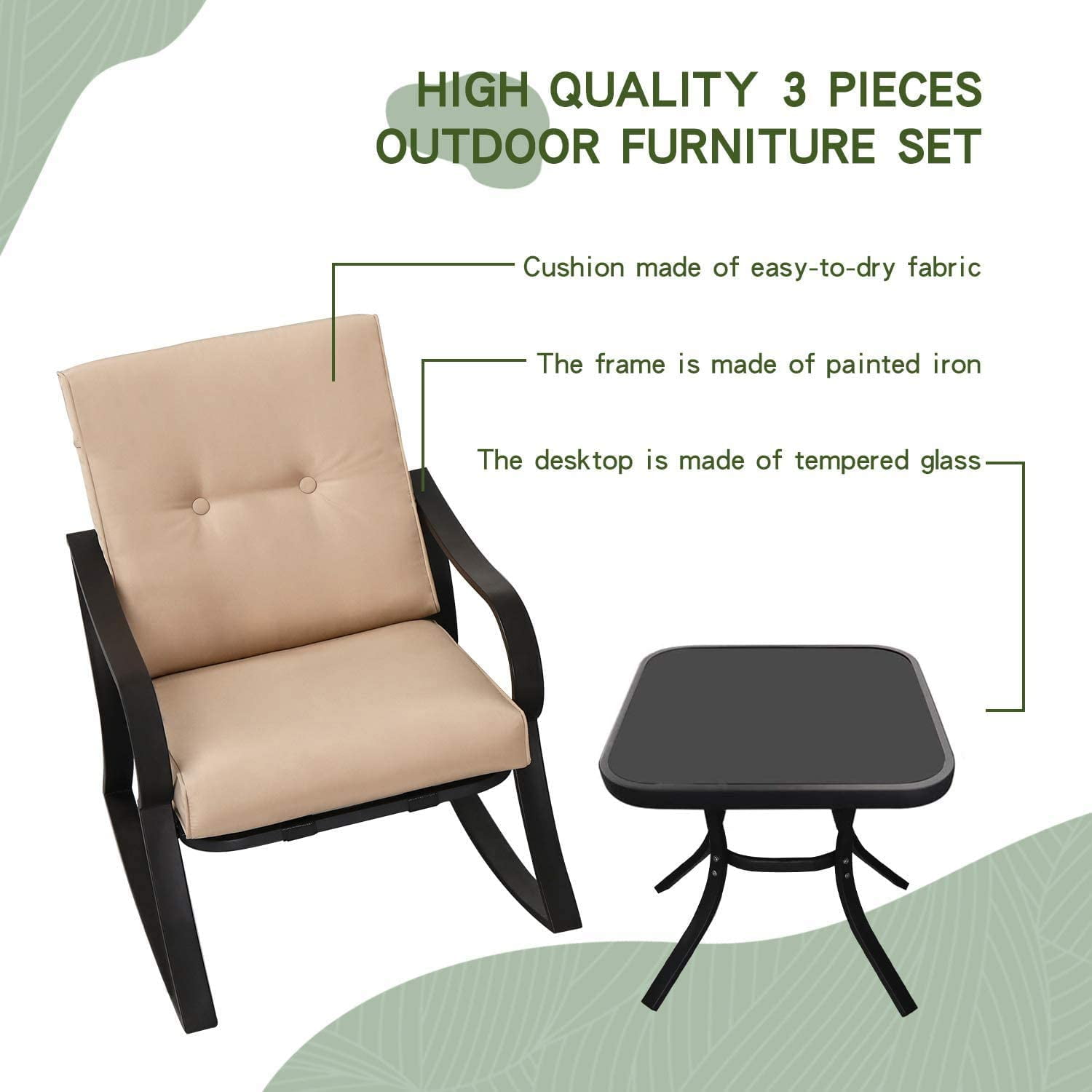 SOLAURA 3-Piece Outdoor Rocking Chair Bistro Set, Patio Furniture with Thickened Cushions and Glass-Top Coffee Table (Black, 3-Piece Set) 3g34t