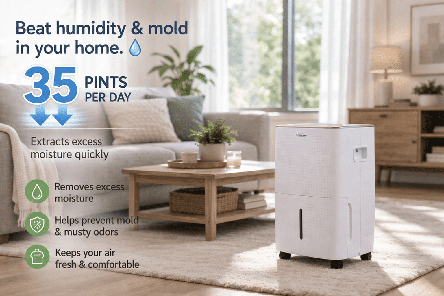 SoleusAir 35-Pint Dehumidifier with Mirage Display and Tri-Pat Safety Technology (White, 35 pt) 64x9v