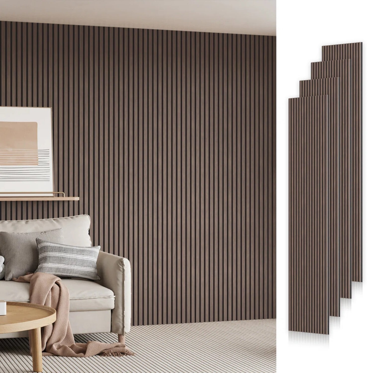Easy4Home Soundproof Wood Slat Acoustic Wall Panels (Dark Walnut, 4-Pack, 106 in x 12.6 in) ikz5w