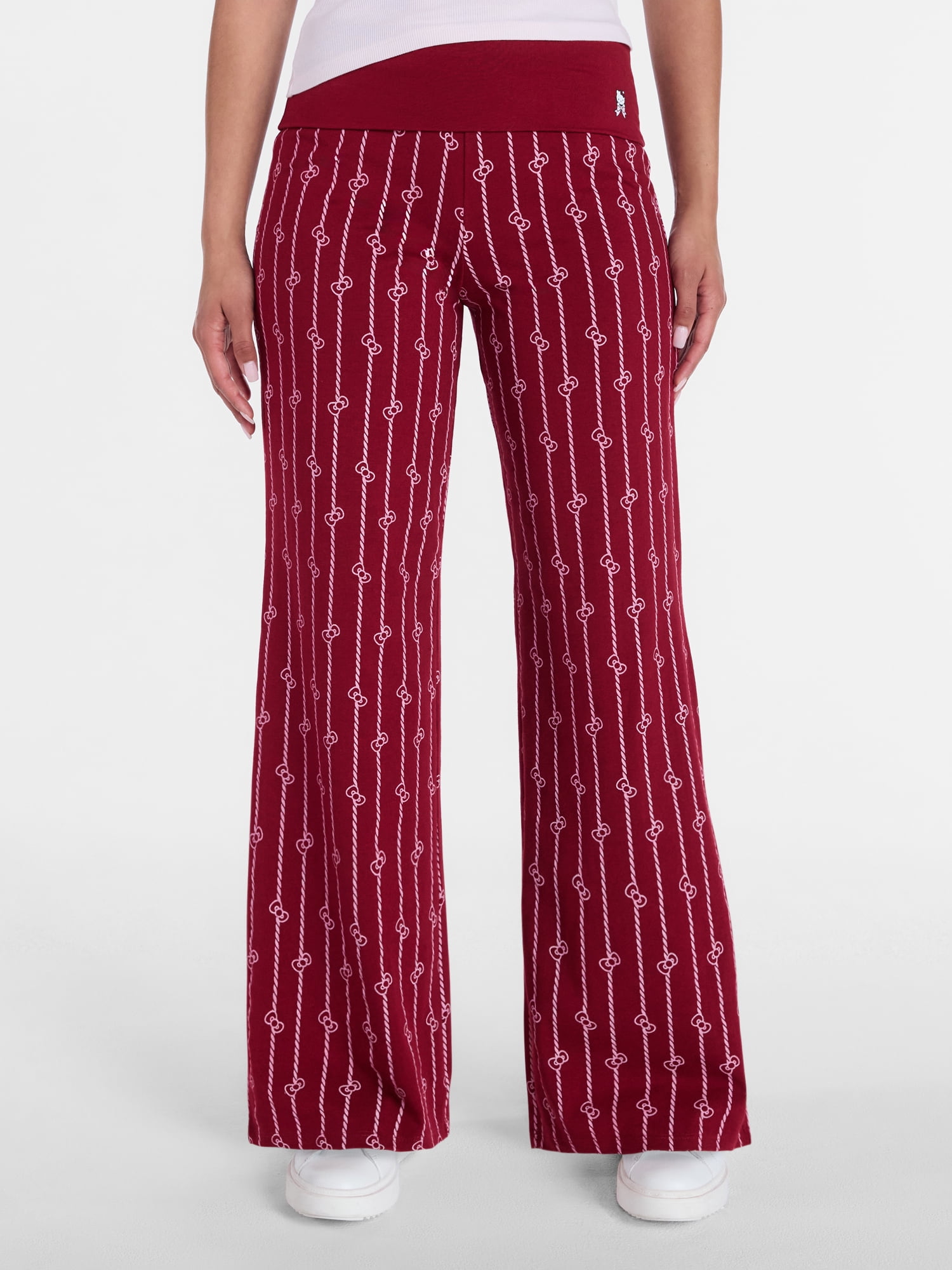 Hello Kitty Women’s Pinstripe Wide Leg Foldover Pants (Red, S) h72ky