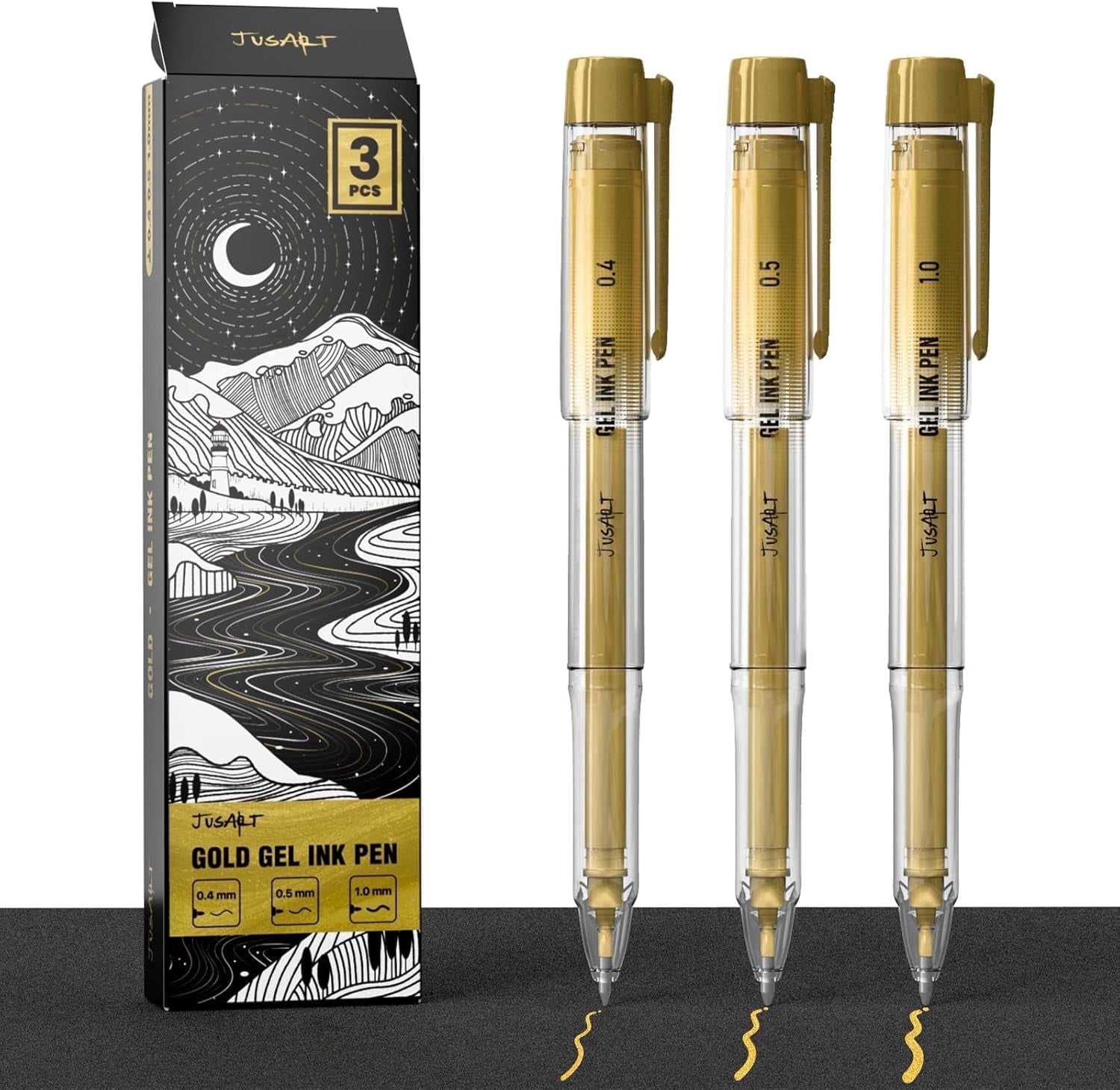 JusArt Gold Gel Pens for Drawing and Journaling, Opaque Ink for Dark Paper (3 Pack, Assorted Tips) 0p272