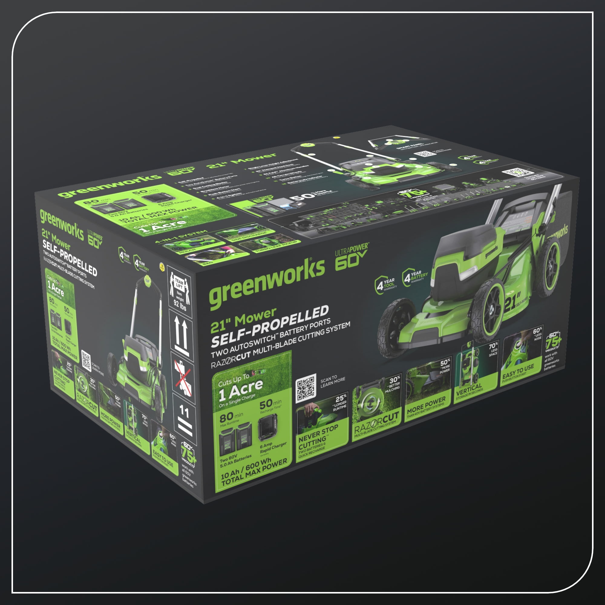 Greenworks 60V 21 in Self-Propelled Lawn Mower with (2) 5.0 Ah Batteries and Rapid Charger (Green, 21 in) hnp67