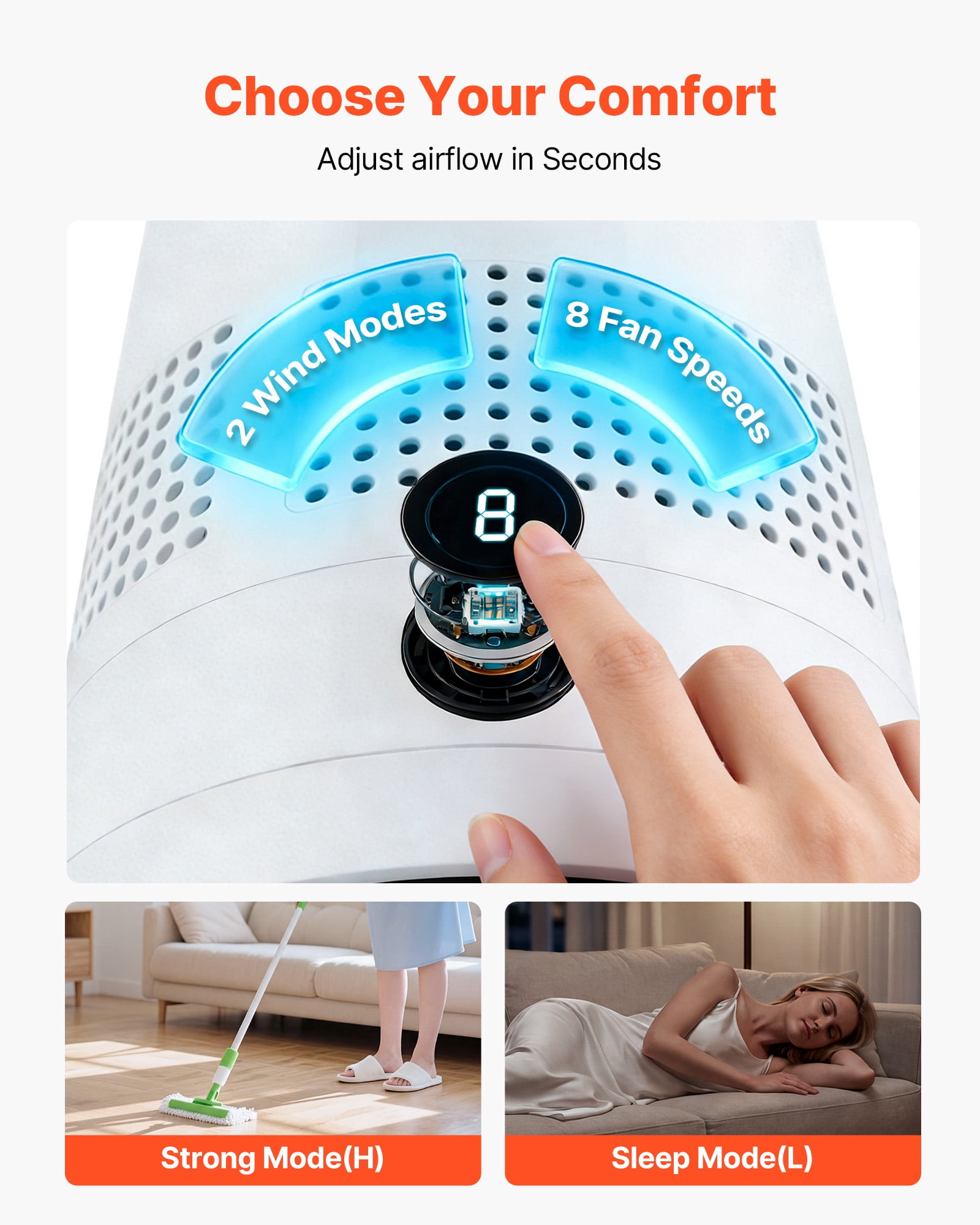 VEVOR Bladeless Tower Fan, Oscillating Standing Floor Fan with Remote, 8 Speeds, Quiet Air Circulator for Bedroom and Living Room (White) xv1w5