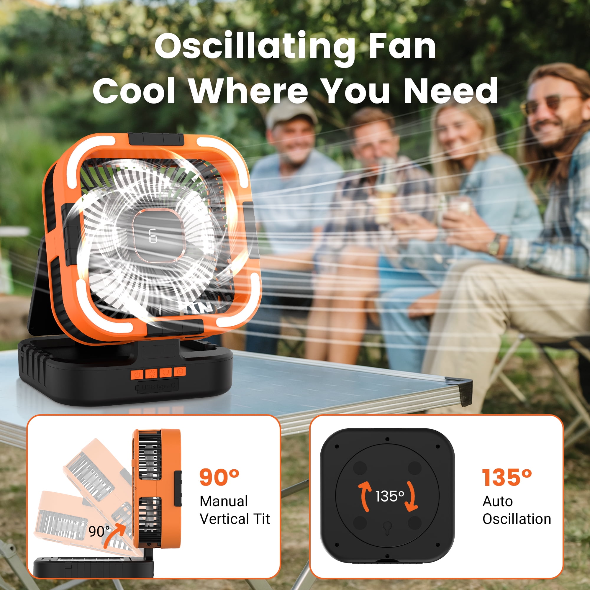 RUNACC Solar Camping Fan with LED Light, 10000mAh Rechargeable Portable Oscillating Fan (Orange, 10000mAh) 70k1h