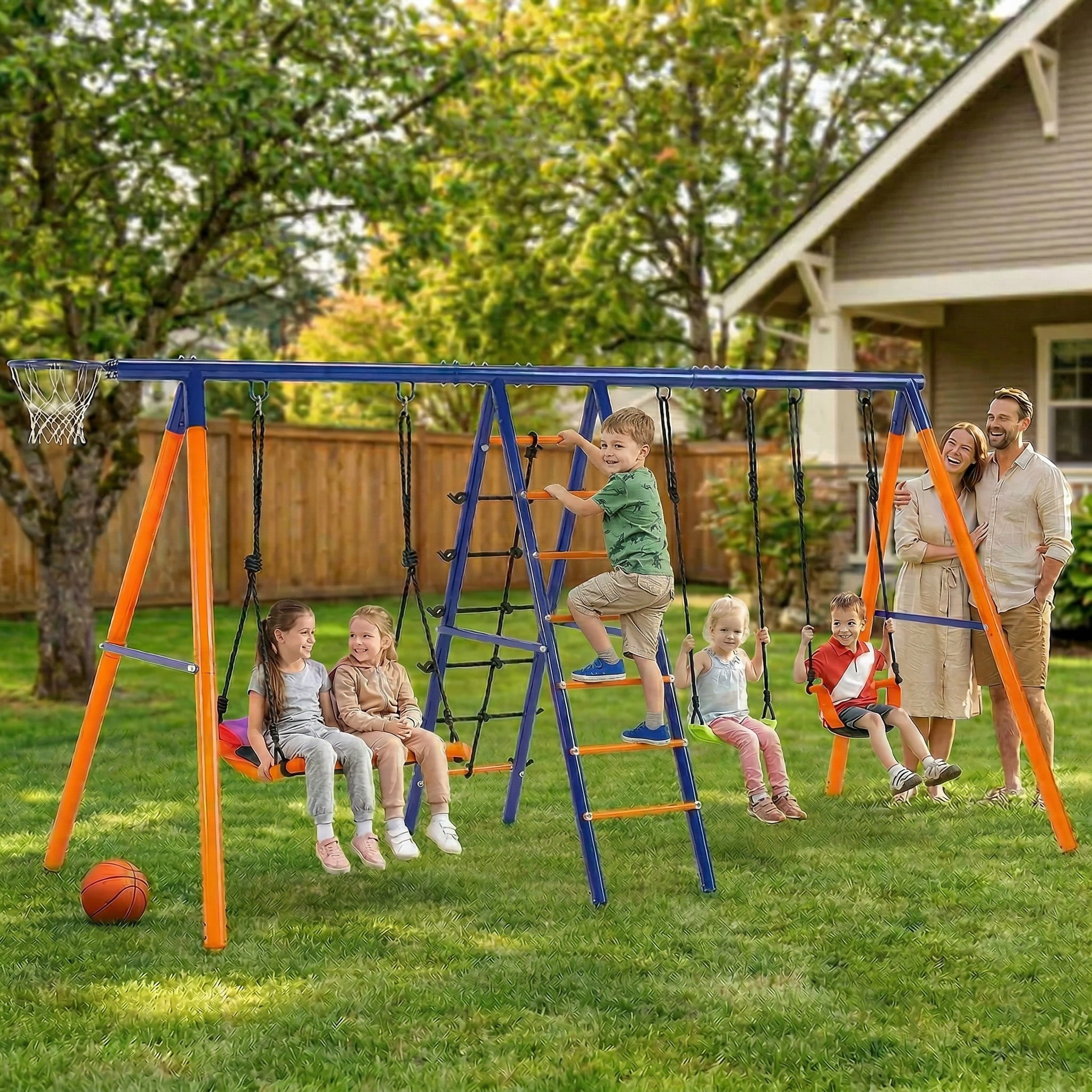 Veeboto 6-in-1 Outdoor Swing Set, Heavy-Duty Metal Backyard Playground with Climbing Ladder and Basketball Hoop (Orange, 700 lb Capacity) fn8wc