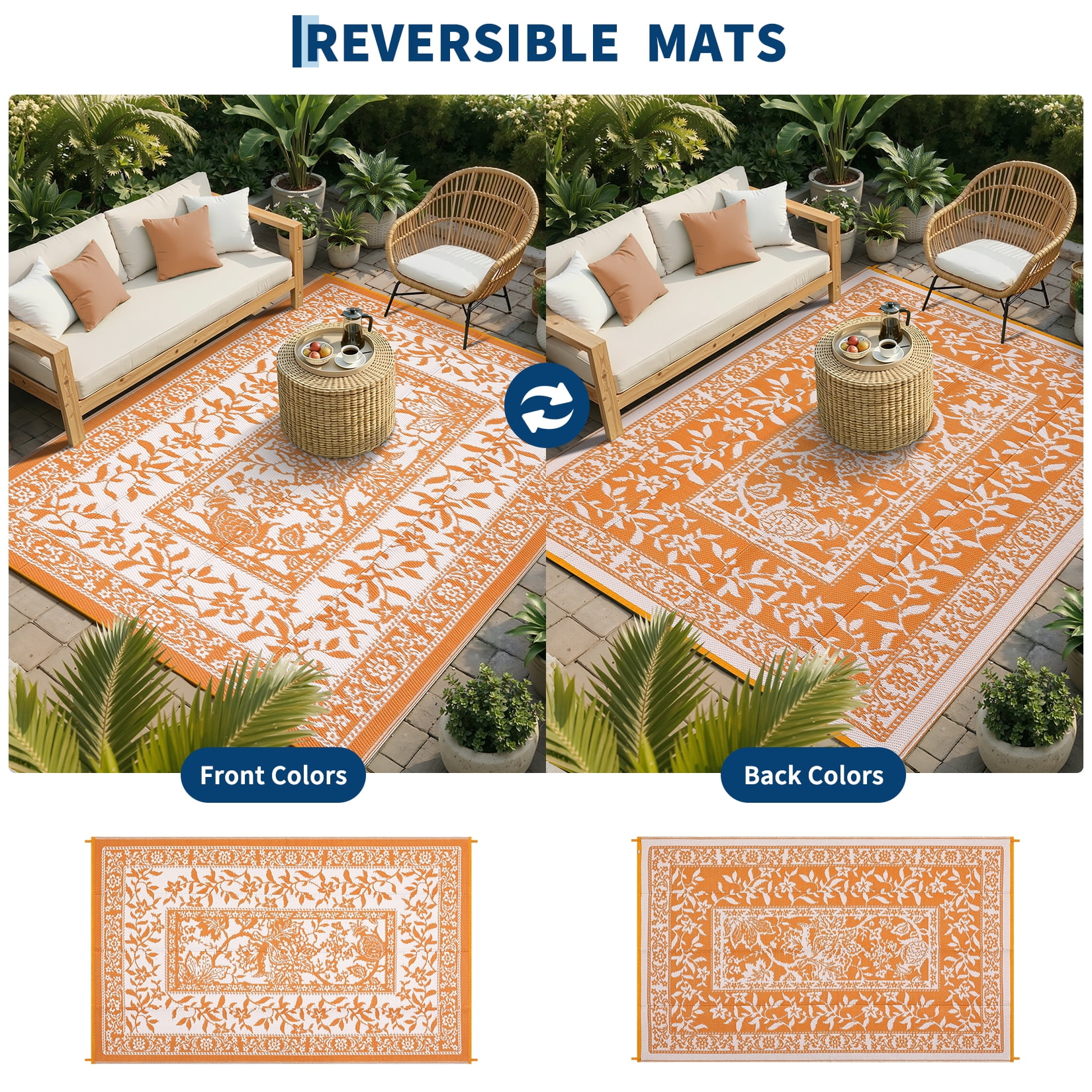 NANAN Outdoor Rug, Waterproof Plastic Straw Patio Mat, Botanical Floral Pattern for Deck Beach RV (Orange White, 8 ft x 10 ft) 542lf