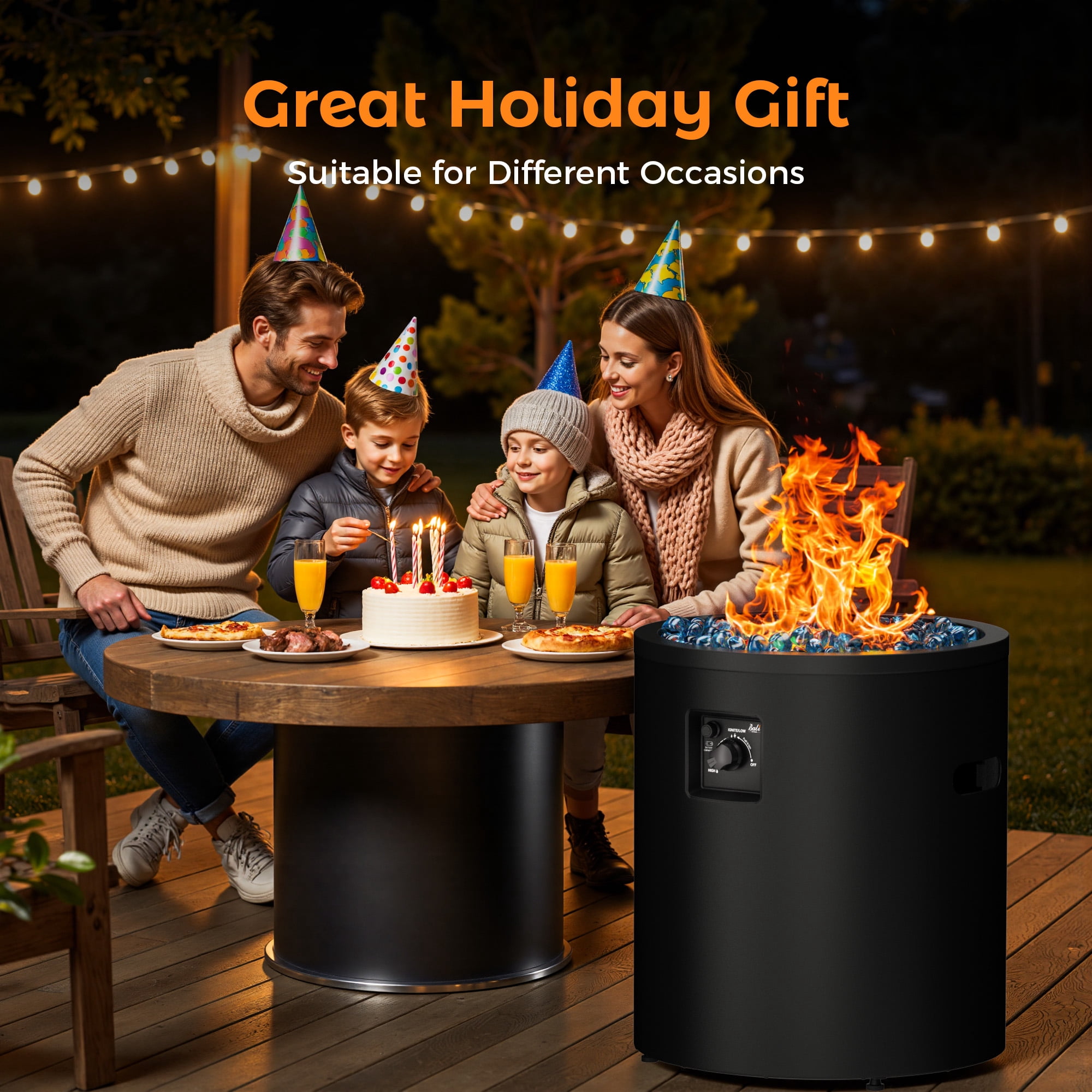 Bali Outdoors 23 in Gas Fire Pit Column, 50,000 BTU Round Propane Fire Pit Table with Glass Stones (Black) kws90