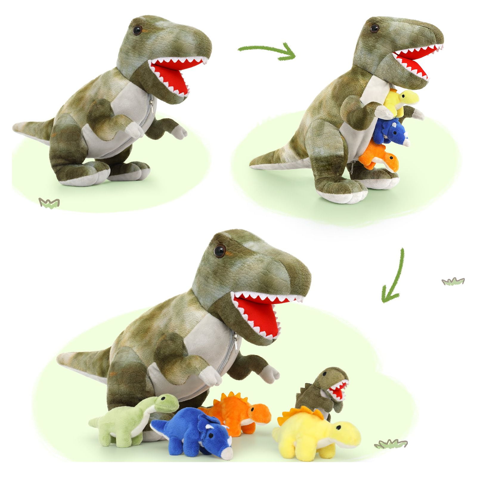MaoGoLan Giant Stuffed Dinosaur Plush Toy Set with 5 Baby Dinosaurs (Green, 19.6 in) 6xrpu