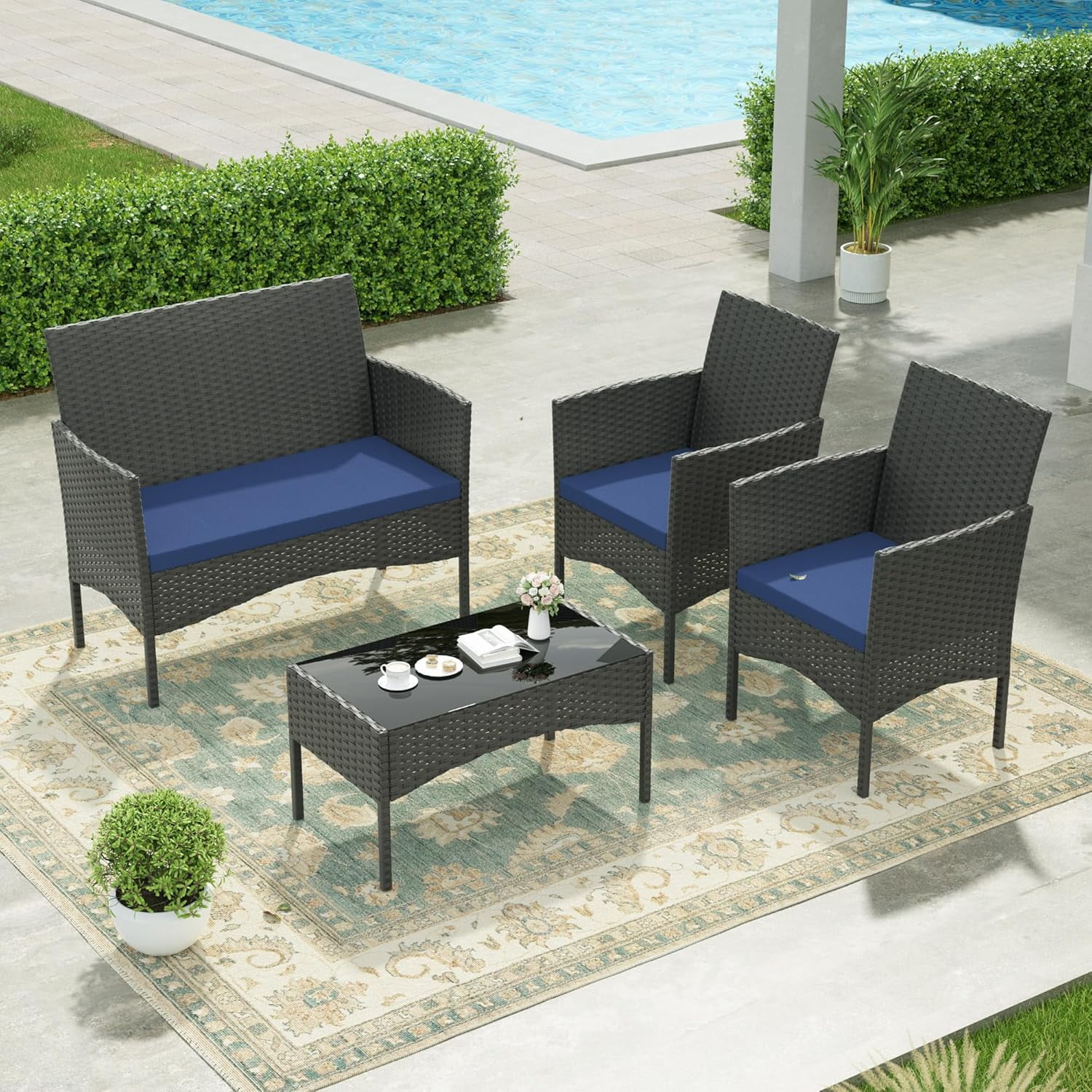 Kullavik 4-Piece Outdoor Patio Furniture Set, PE Wicker Rattan Conversation Set with Tempered Glass Table and Cushions (Navy Blue, 4-Piece Set) 1afkf