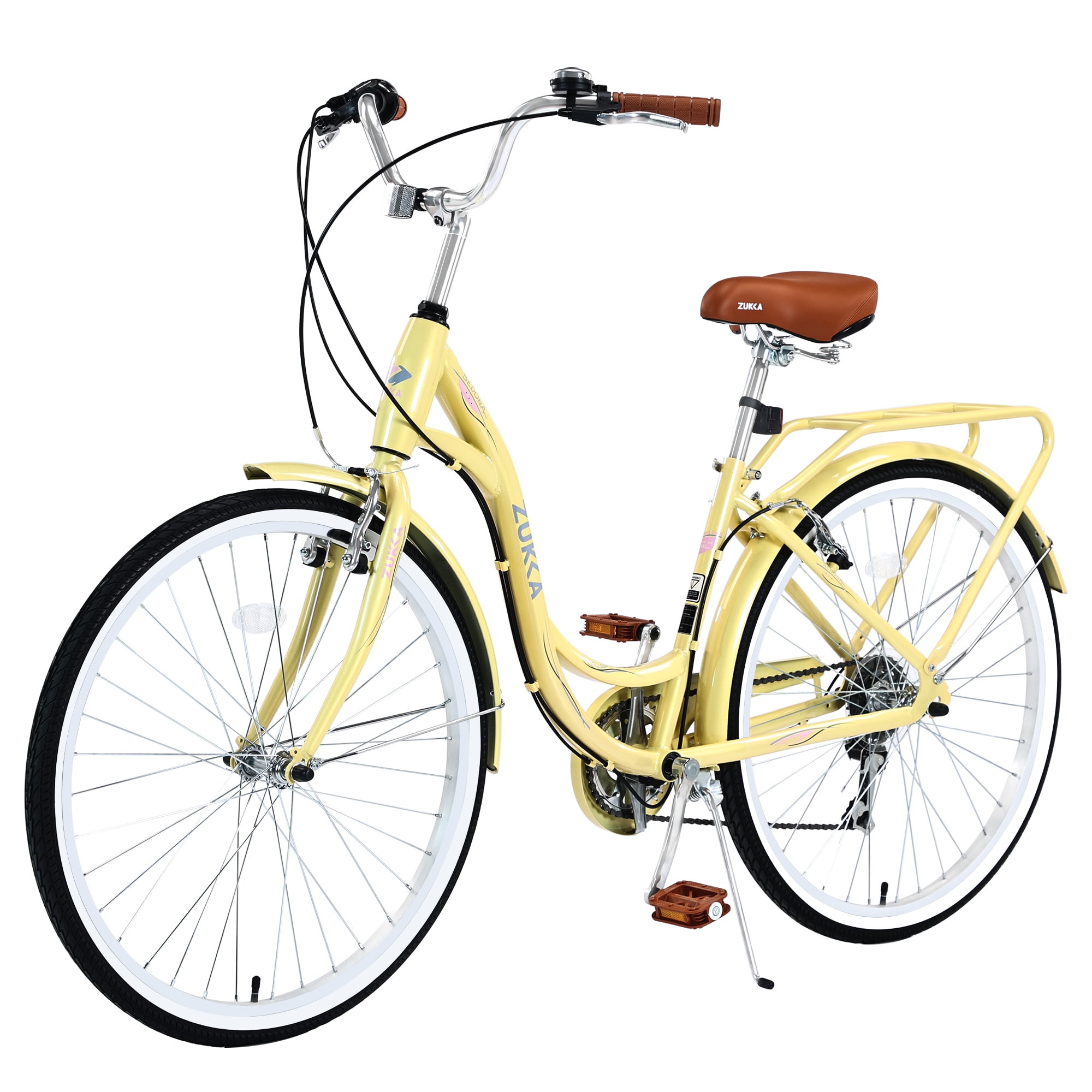 Zukka 7-Speed Cruiser Bicycle, High-Carbon Steel Frame City Commuter Bike for Women (Yellow, 24 in) g59mv