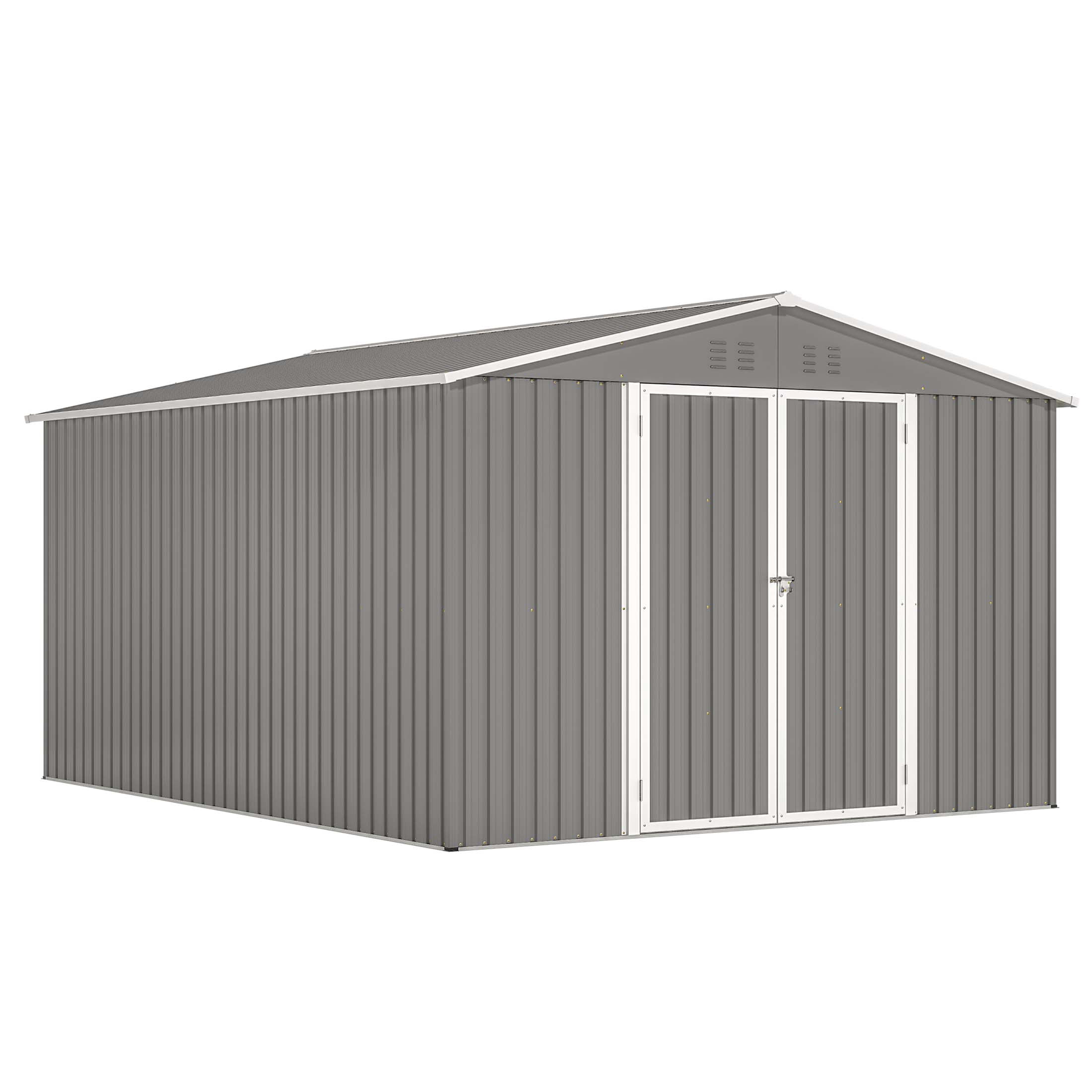 LZBEITEM Outdoor Storage Shed with Floor Frame Kit, Galvanized Steel Garden Tool Shed, Weatherproof Backyard Storage with Lockable Double Doors (Gray, 10 ft x 12 ft) 7fx83