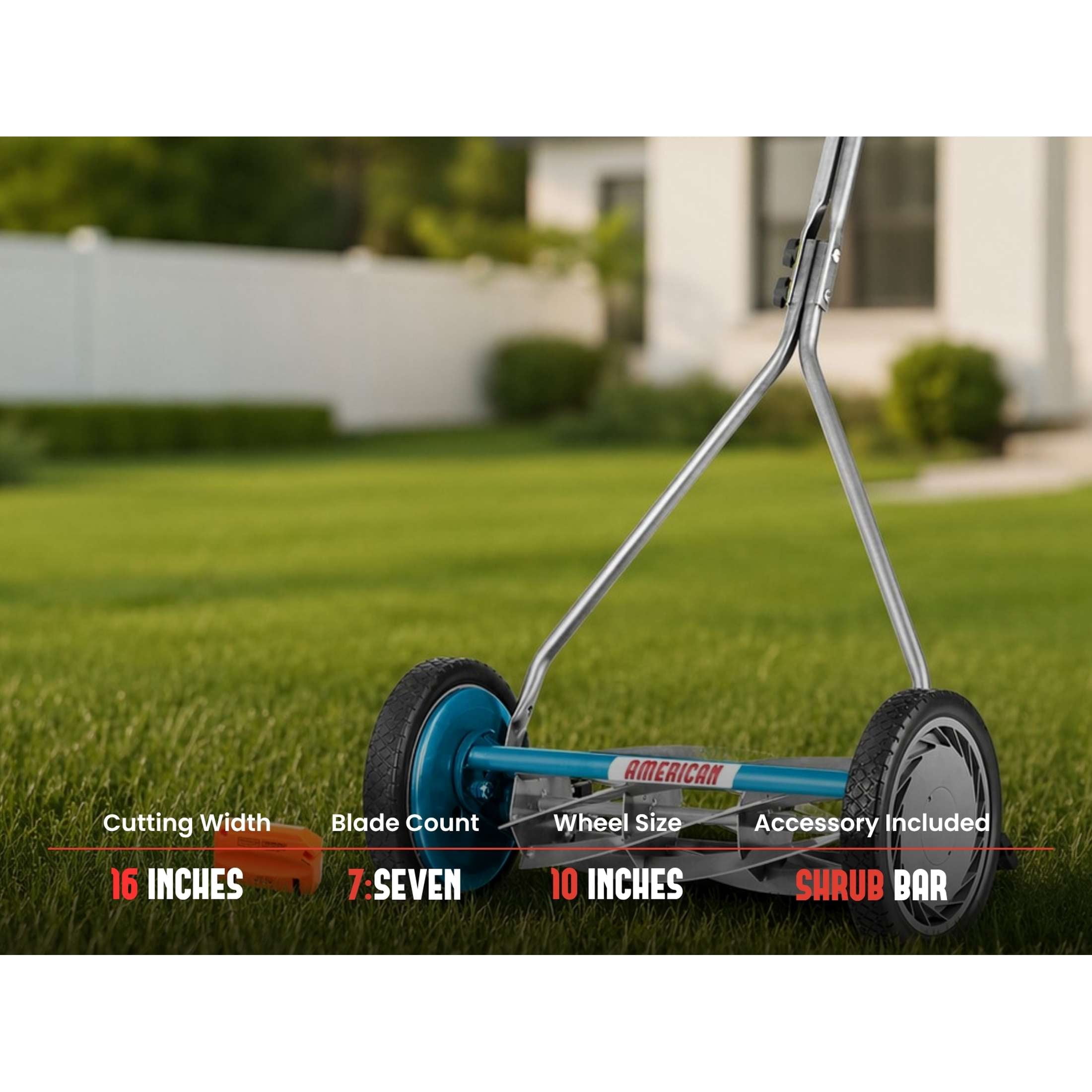 American Lawn Mower 16-Inch 7-Blade Reel Push Lawn Mower with T-Handle and Sharpener (Blue, 16 in) o5j5u