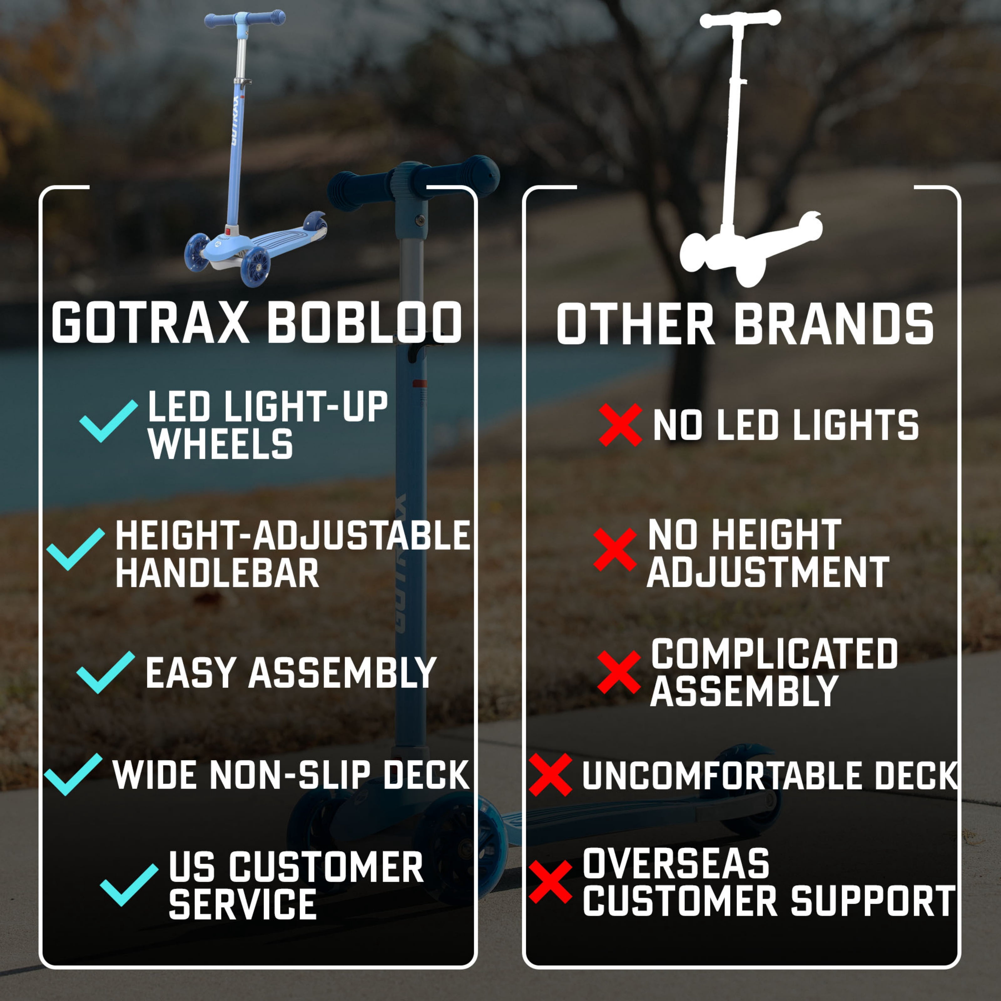 GOTRAX Bobloo 3-Wheel Kick Scooter with LED Light-Up Wheels, Lean-to-Steer Design (Blue, Adjustable Height) 4kda3