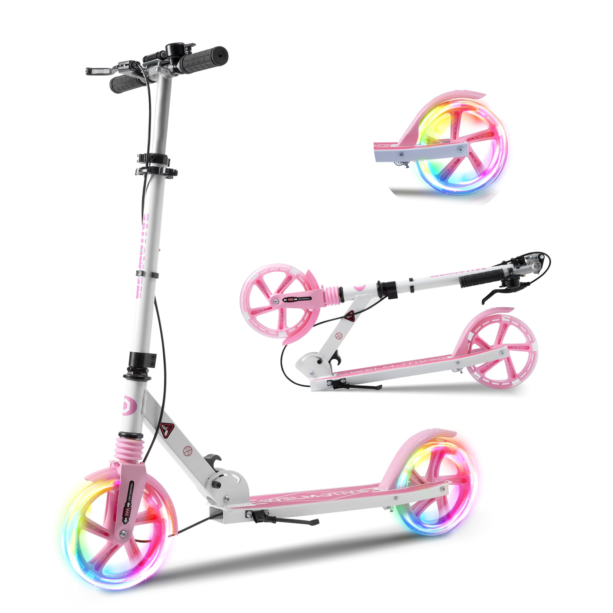 Welmotive Kick Scooter for Kids and Adults with LED Wheels, Dual Braking System, and Adjustable Handlebars (White, 9.6 lb) goi70