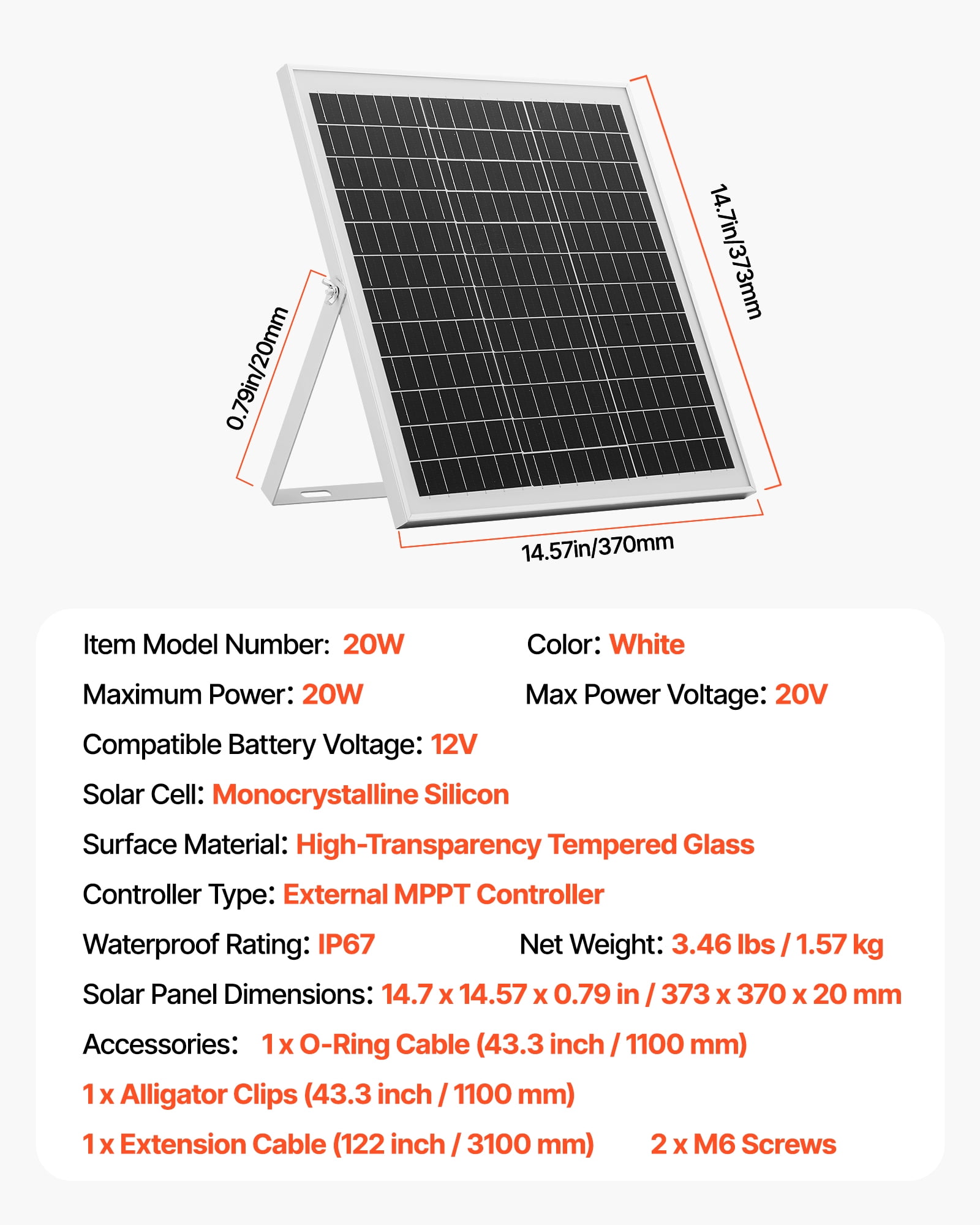 VEVOR 20W 12V Solar Panel Battery Trickle Charger Maintainer with MPPT Controller and Adjustable Mount (Black, 20 Watt) 4spdj - Image 7