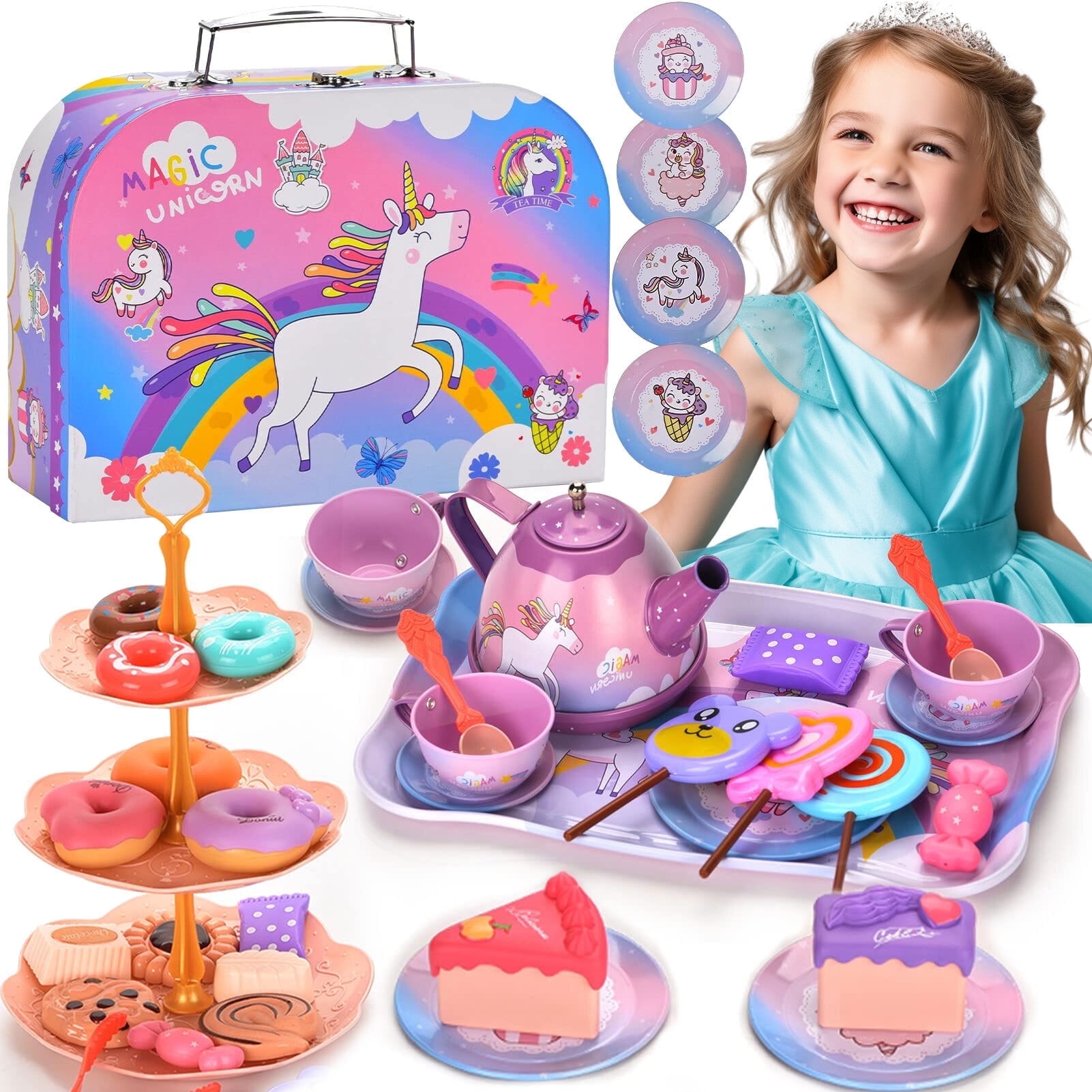 Freecat Unicorn Tea Party Set, Pretend Play Kitchen Activity Toy for Kids (Yellow, 48-Piece Set) mwhwh