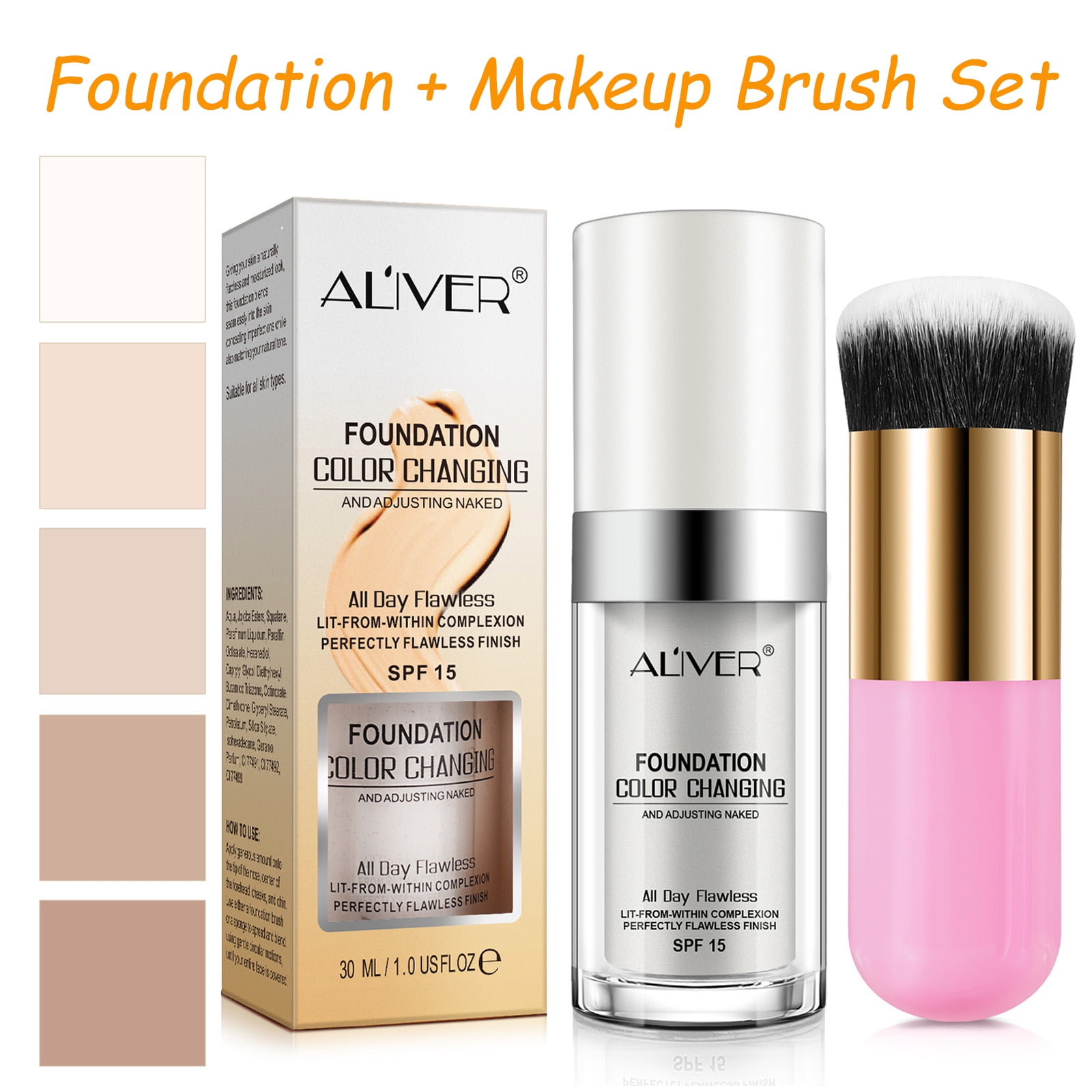 ALIVER Color Changing Liquid Foundation with Makeup Brush (Warm Skin Tone, 1.0 fl oz) g2eh7