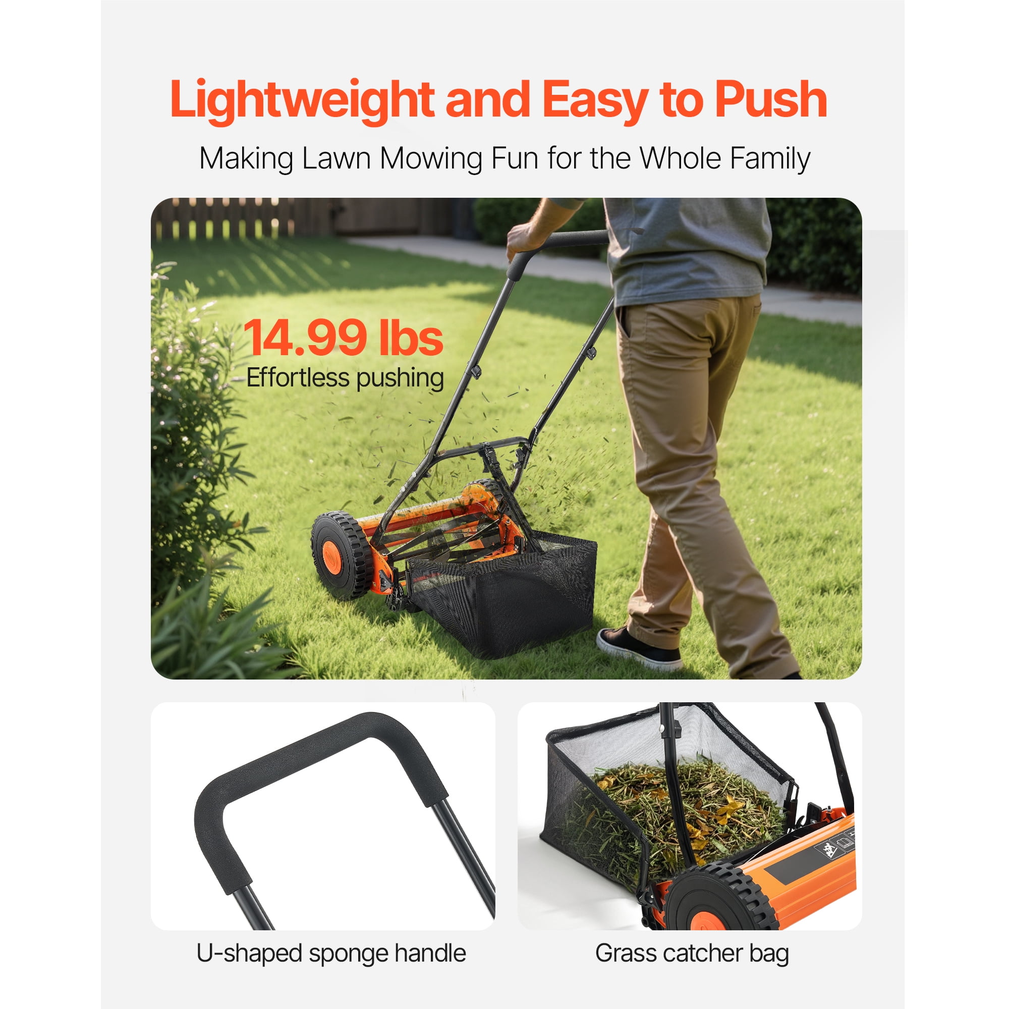 KFFKFF Manual Push Reel Lawn Mower, 5-Blade Cutting System, Adjustable Height, Includes Grass Collection Bag (16 in) eooyu