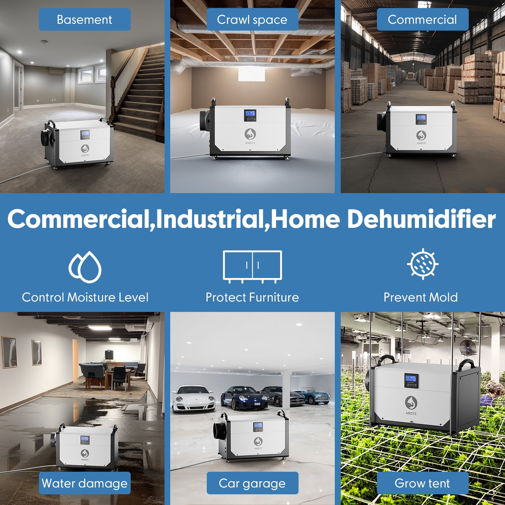 ANDTE Commercial Dehumidifier with Remote Control, High-Capacity Moisture Removal for Basements and Crawl Spaces (Grey, 145 Pints) 2mbx4