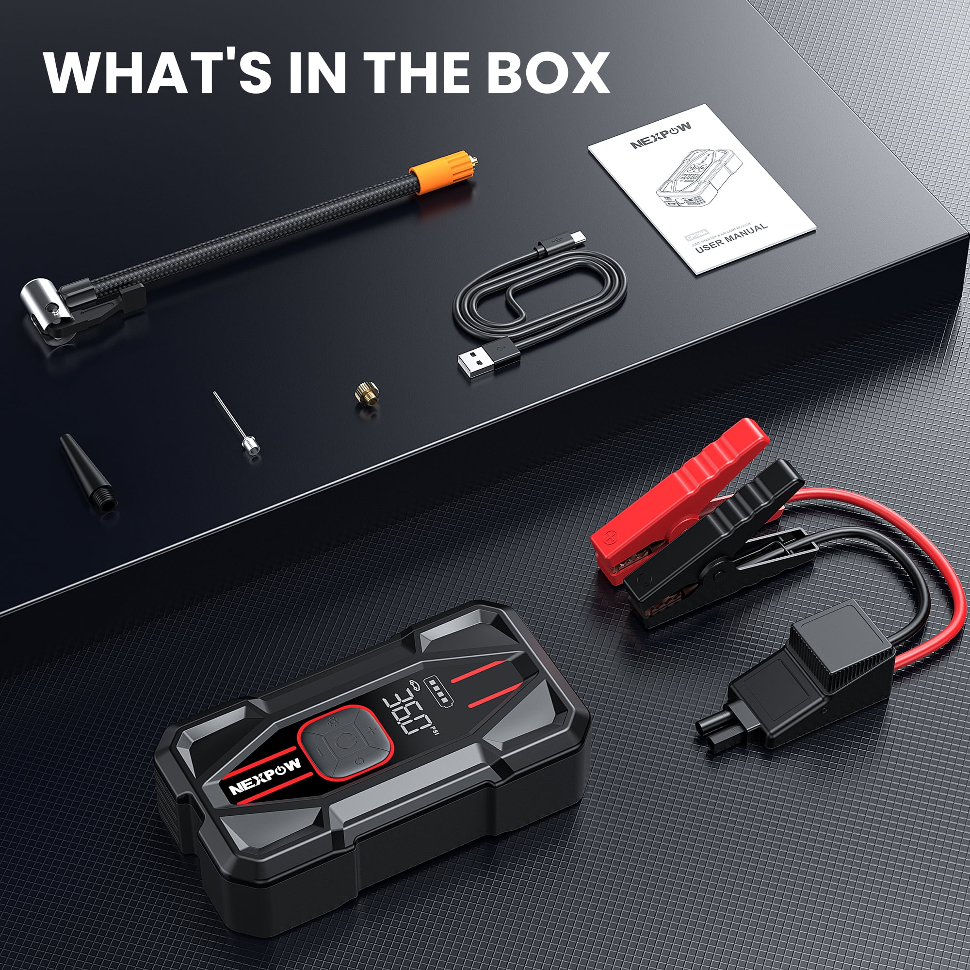 NEXPOW 3000A Jump Starter with Air Compressor, 150 PSI Digital Tire Inflator, 16000mAh Power Bank (2.4 lb) yh376