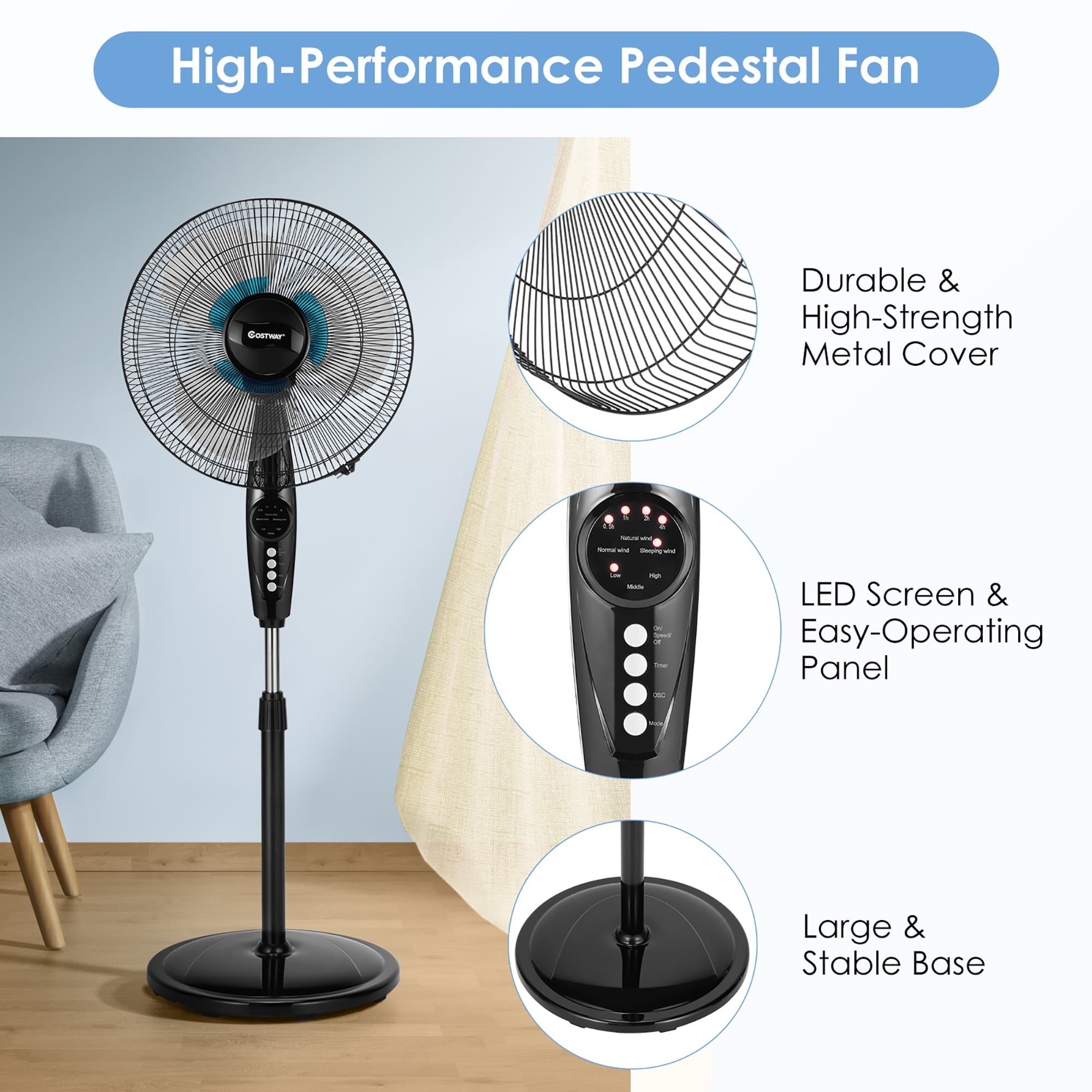 Costway 16 in Adjustable Oscillating Pedestal Fan with Dual Blades and Remote Control (Black, 16 in) gv60q