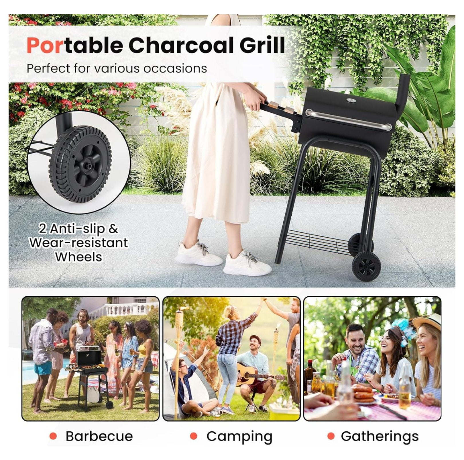 SHUZHIWANSHANG Charcoal Grill, Outdoor BBQ Smoker with Foldable Side Table and Wheels (198 sq in) e2x14