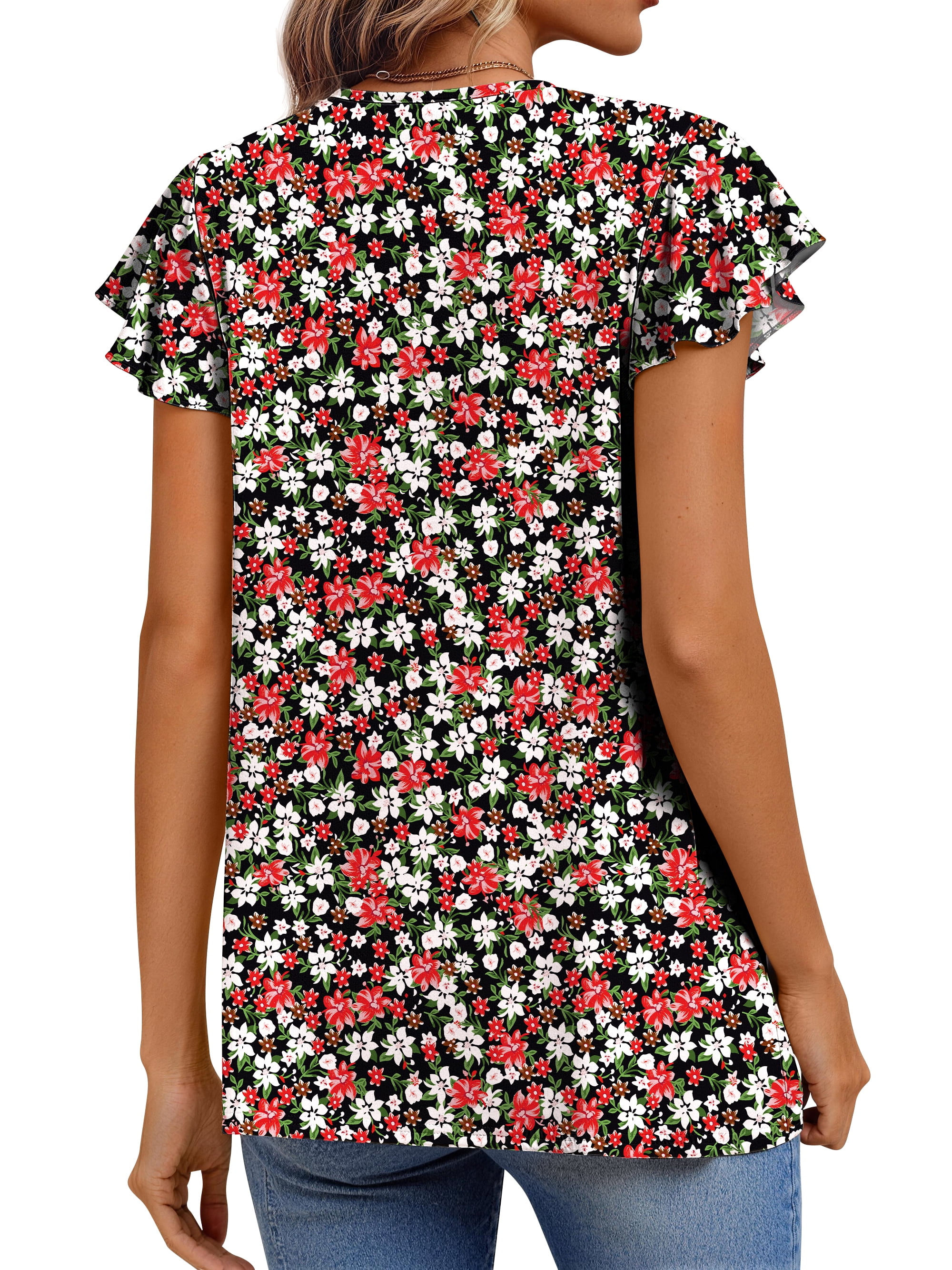 Fantaslook Womens Floral Blouse Dressy Casual Pleated Tunic Top Ruffle Sleeve (White, L) 0h5c7