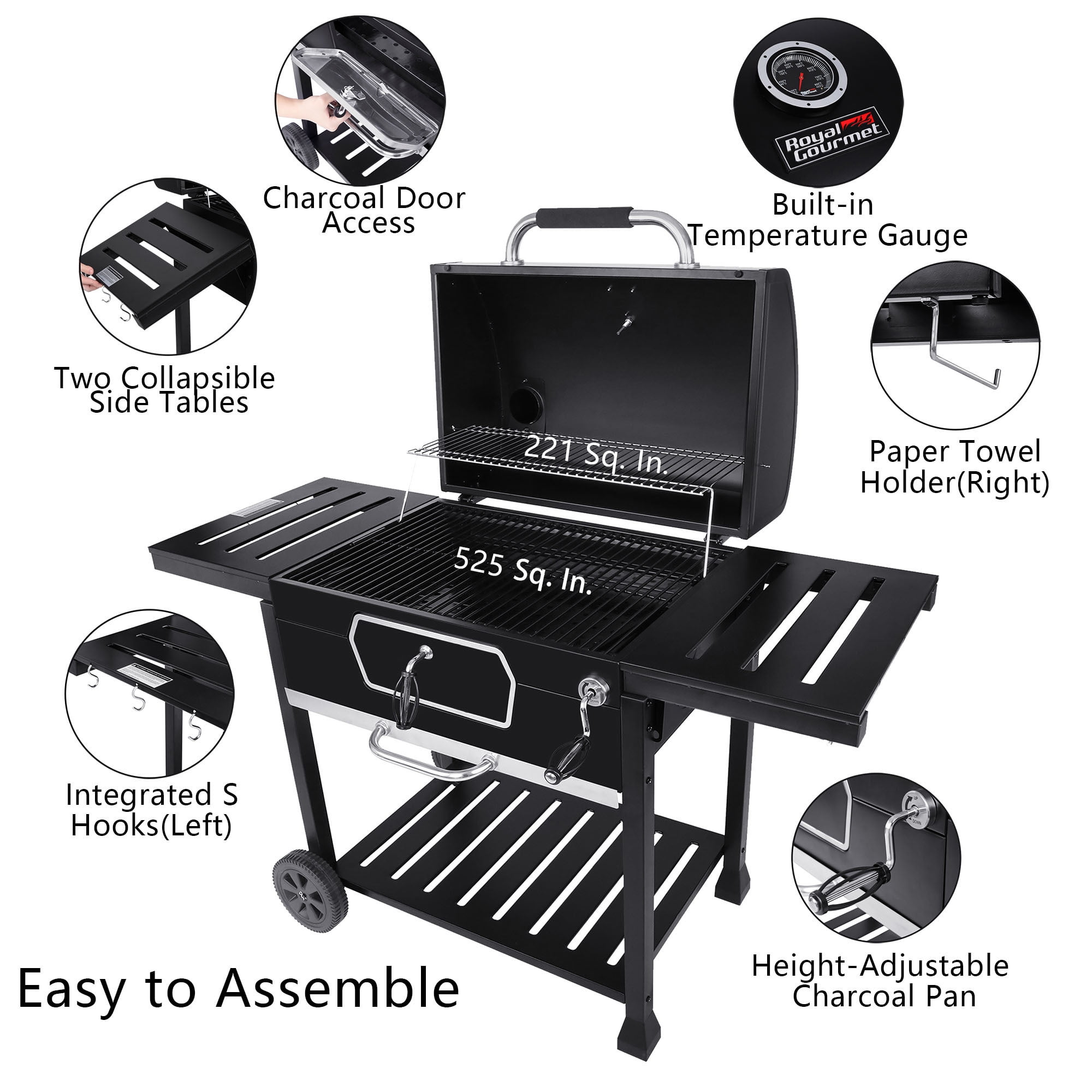 Royal Gourmet 30 in Deluxe Charcoal Grill and BBQ Smoker with Adjustable Pan (Black) xkxex