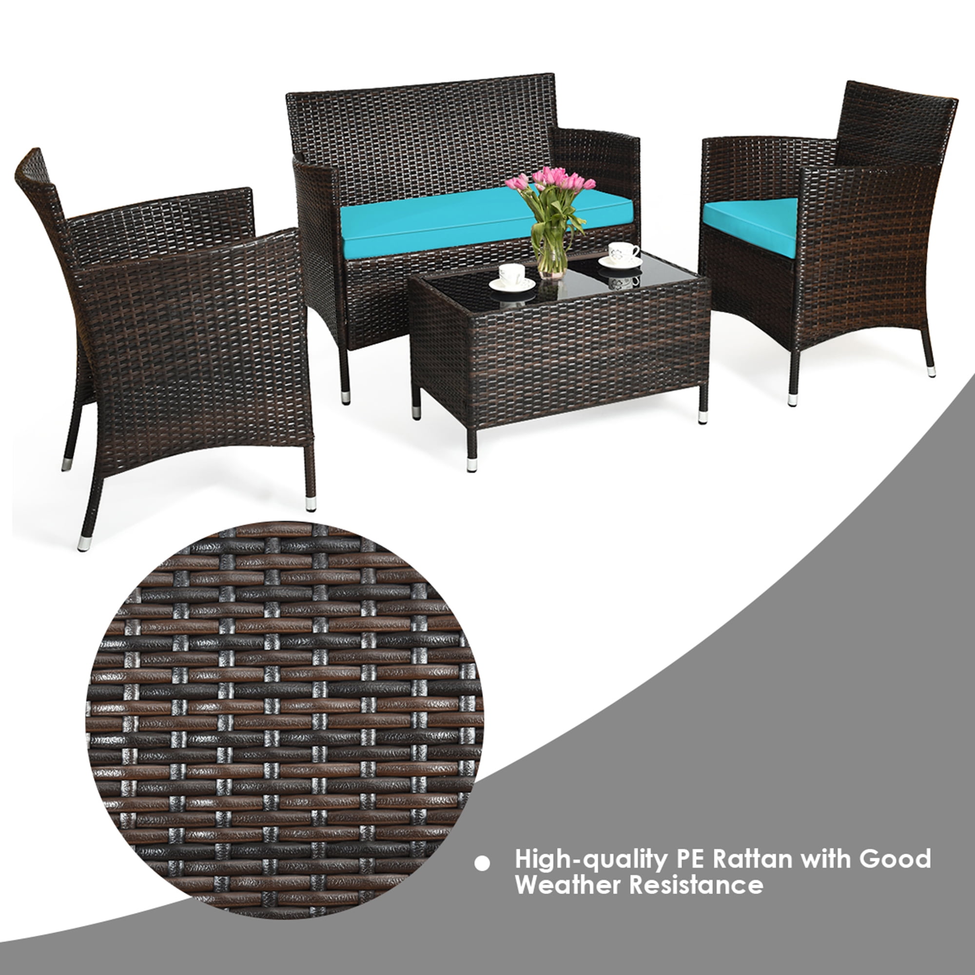Gymax 4-Piece Patio Rattan Conversation Furniture Set with Turquoise Cushions (Outdoor/Indoor) 572c2