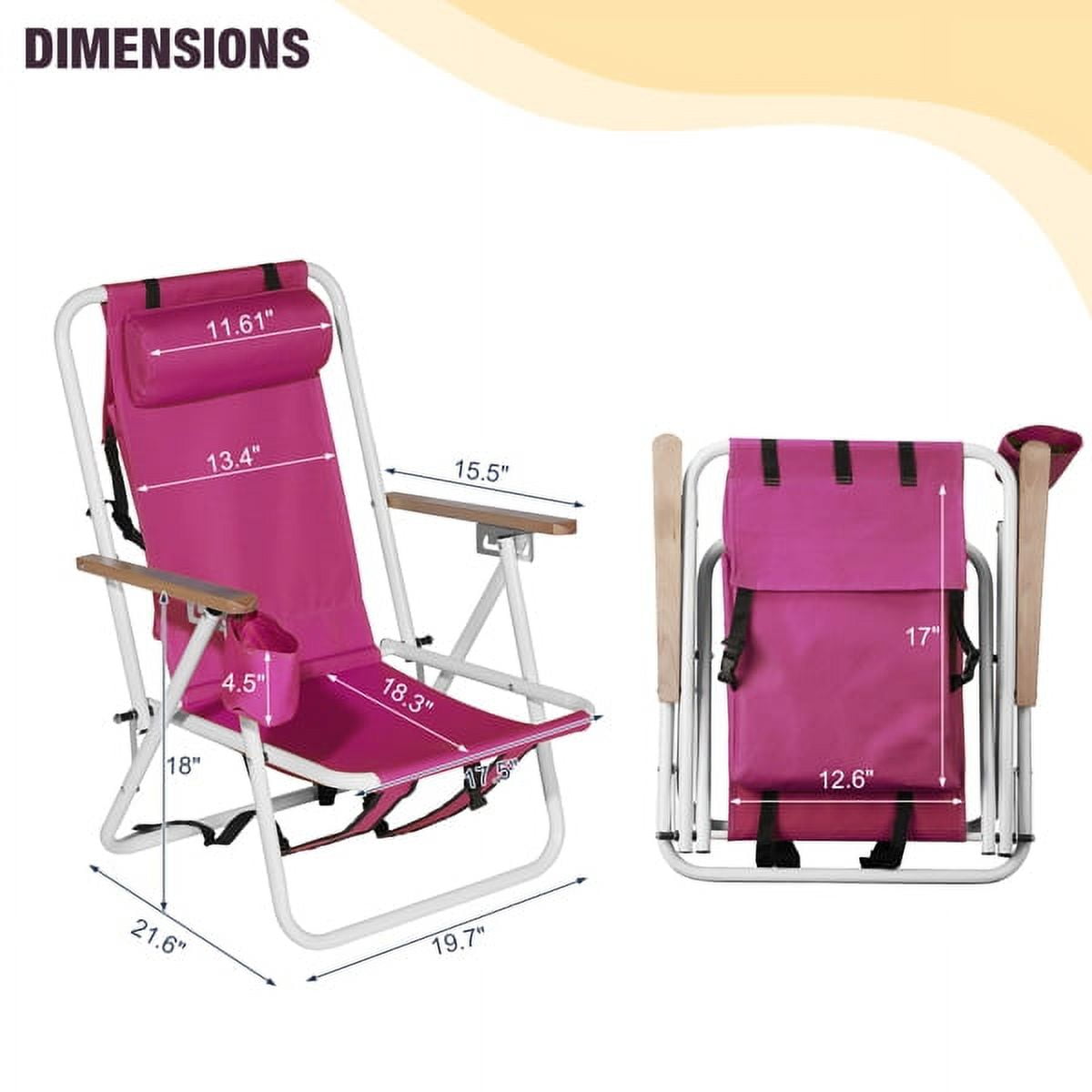 Geemuslly Folding Beach Chair (Pink, 26 in x 23 in x 2.7 in) 4-Position Reclining Portable Camping Lounge Chair with Headrest and Cup Holder c5273