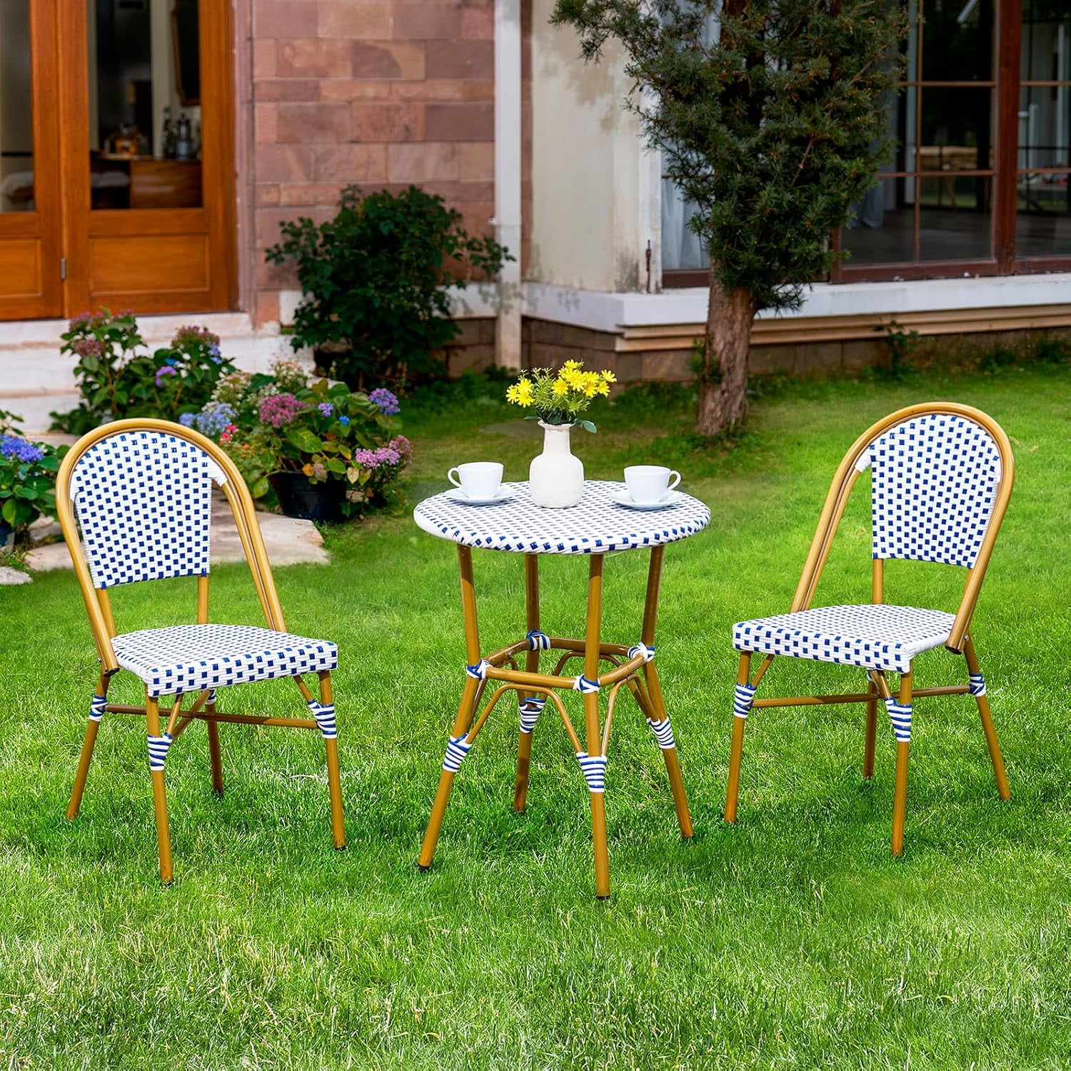Dovov 3-Piece French Bistro Set, Outdoor Wicker Patio Table and 2 Chairs, Weather-Resistant Aluminum Frame (White, 3-Piece Set) 17ic1