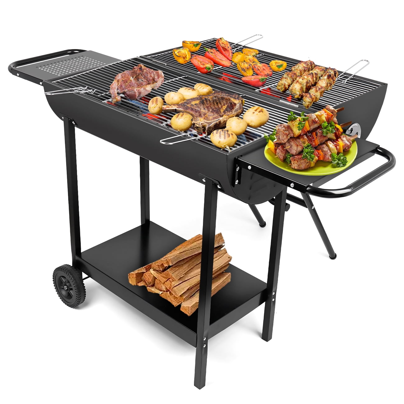 Linsen-Outdoors Double Charcoal Barrel Grill with Dual Side Shelves (Black, Large) 5yds8