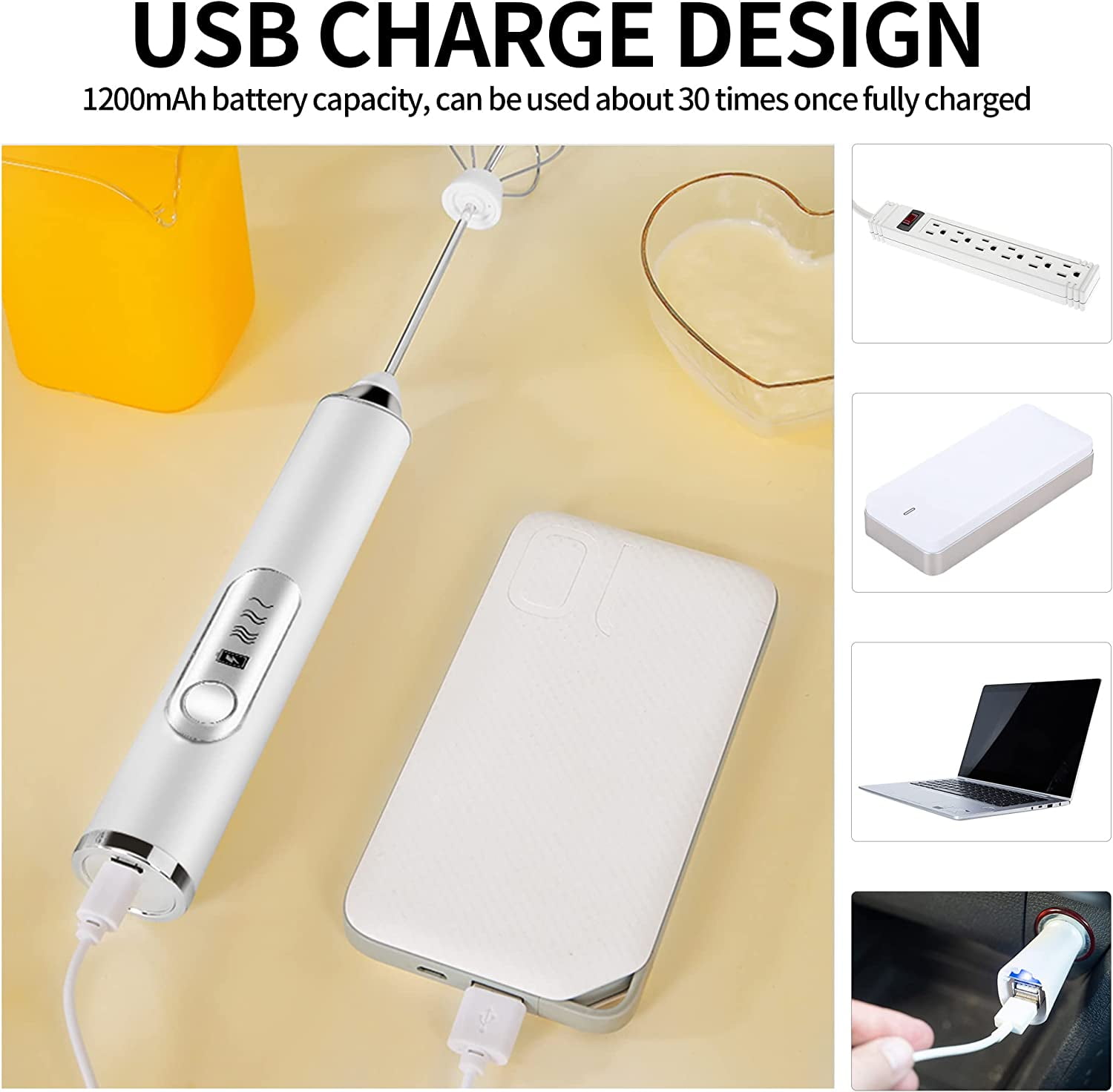 BN-LINK Handheld Milk Frother USB Rechargeable Electric Whisk Mixer with 2 Stainless Steel Heads (White, 9.25 in) s7kg7