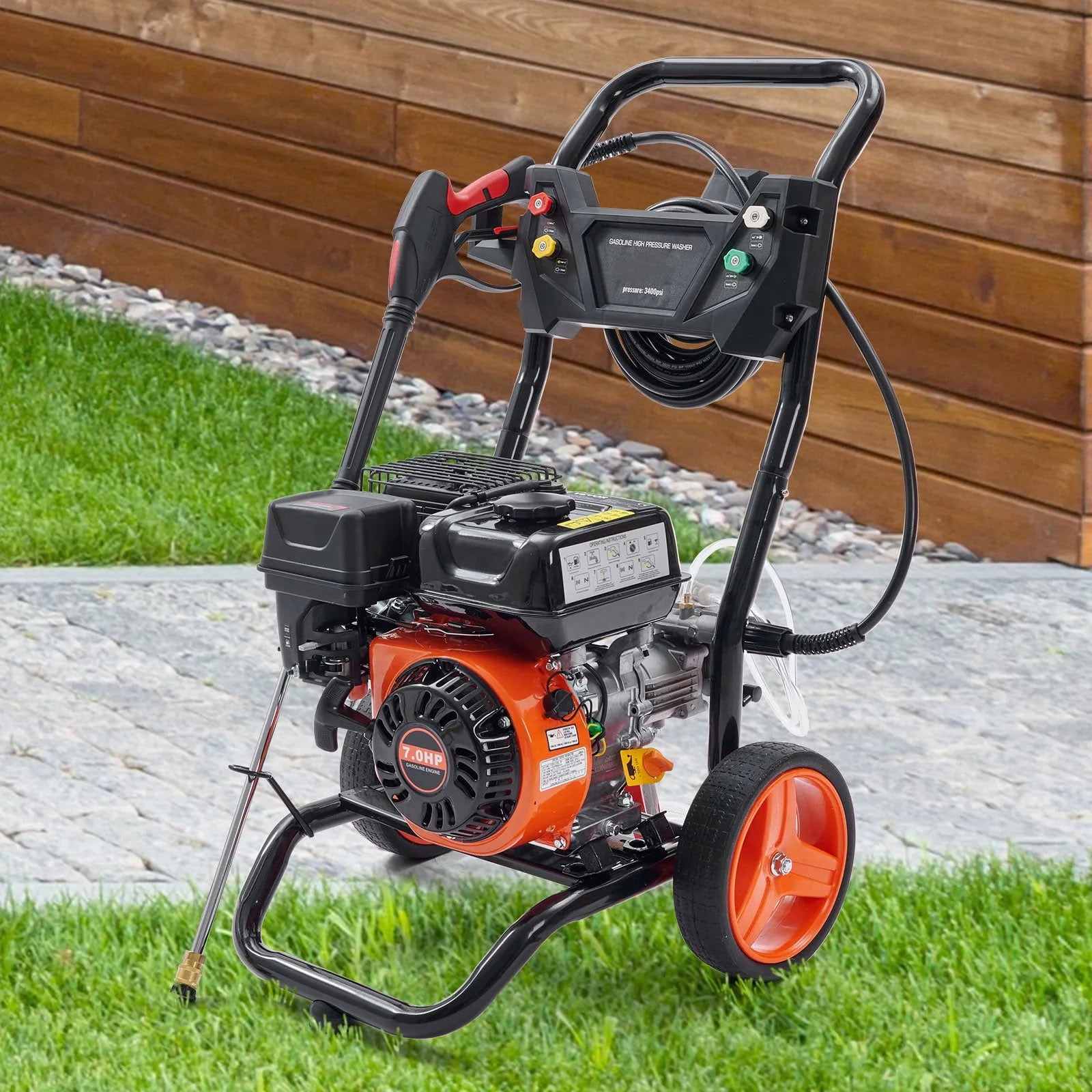 SHENGJINSH 3400 PSI Gas Pressure Washer, 2.6 GPM Power Cleaner with 26 ft Hose and 5 Quick-Connect Nozzles tolrv