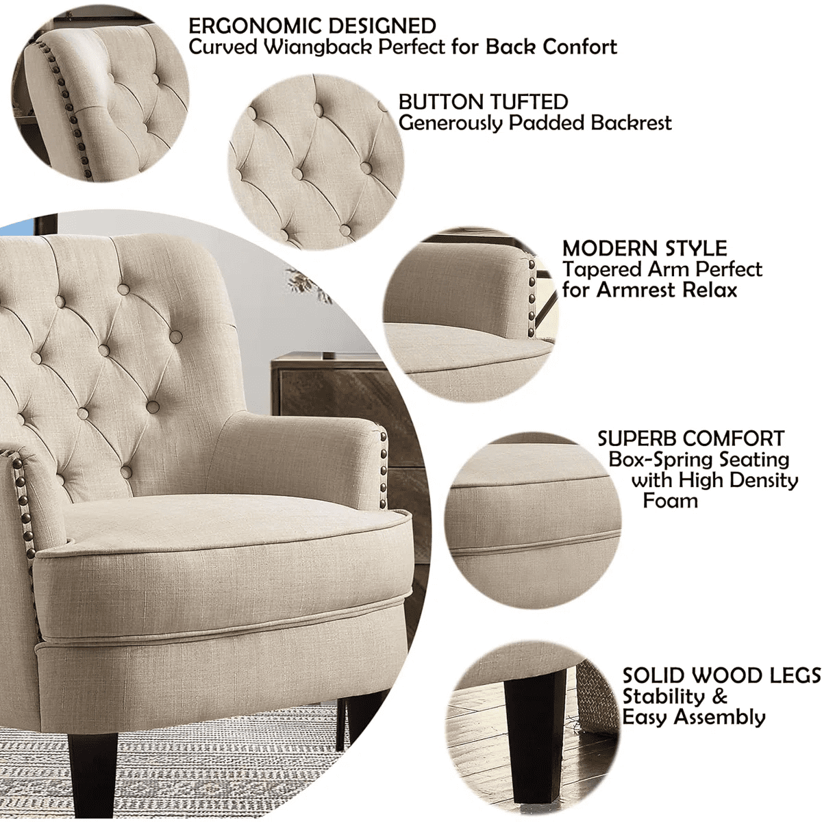 Shengchao Trade Velvet Upholstered Club Chair, Tufted Wingback Barrel Accent Chair with Nailhead Trim (Beige, 34.5 in H) 6a68i