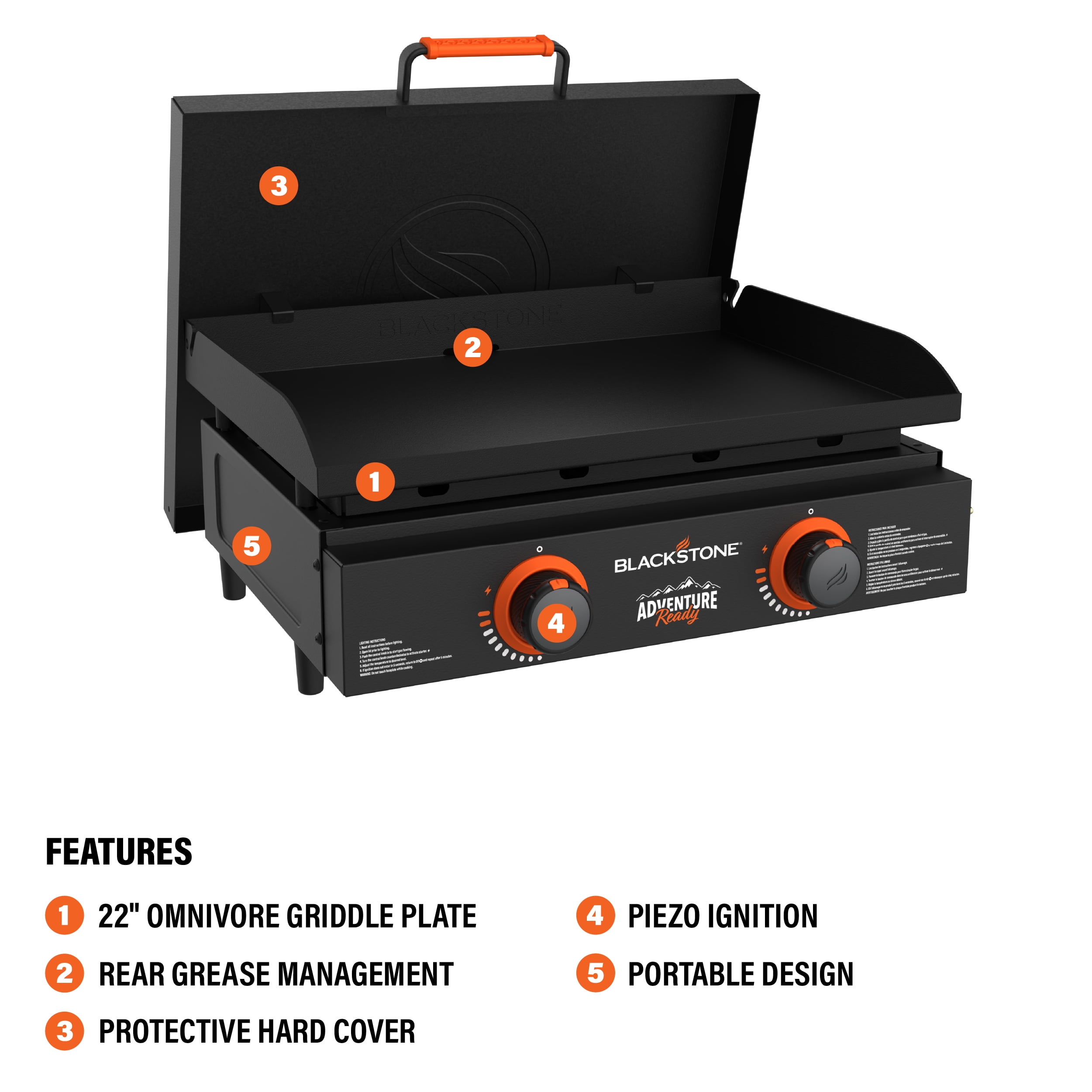 Blackstone Adventure Ready Outdoor Griddle, 22 in 2-Burner Flat Top Grill with Hard Cover (Black, 22 in) uh9s7