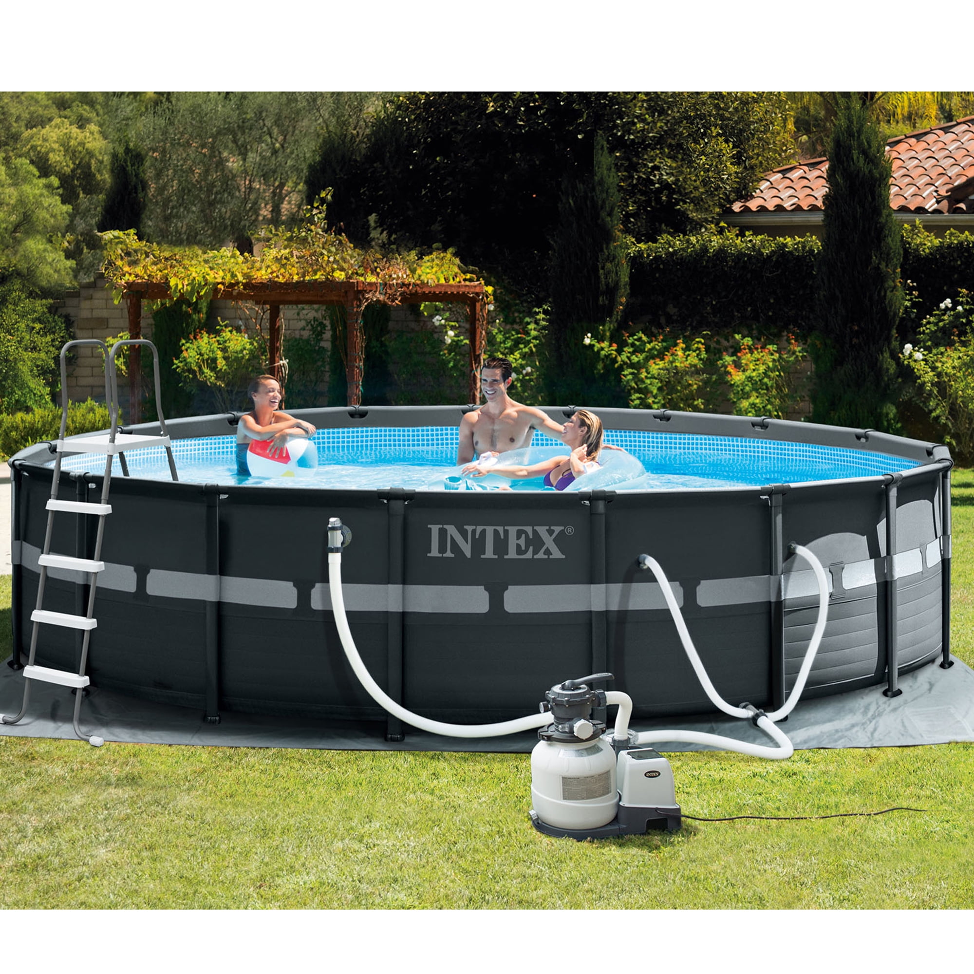 Intex Ultra XTR Above Ground Swimming Pool Set with Sand Filter Pump and Automatic Vacuum (Grey, 18 ft x 52 in) idwve