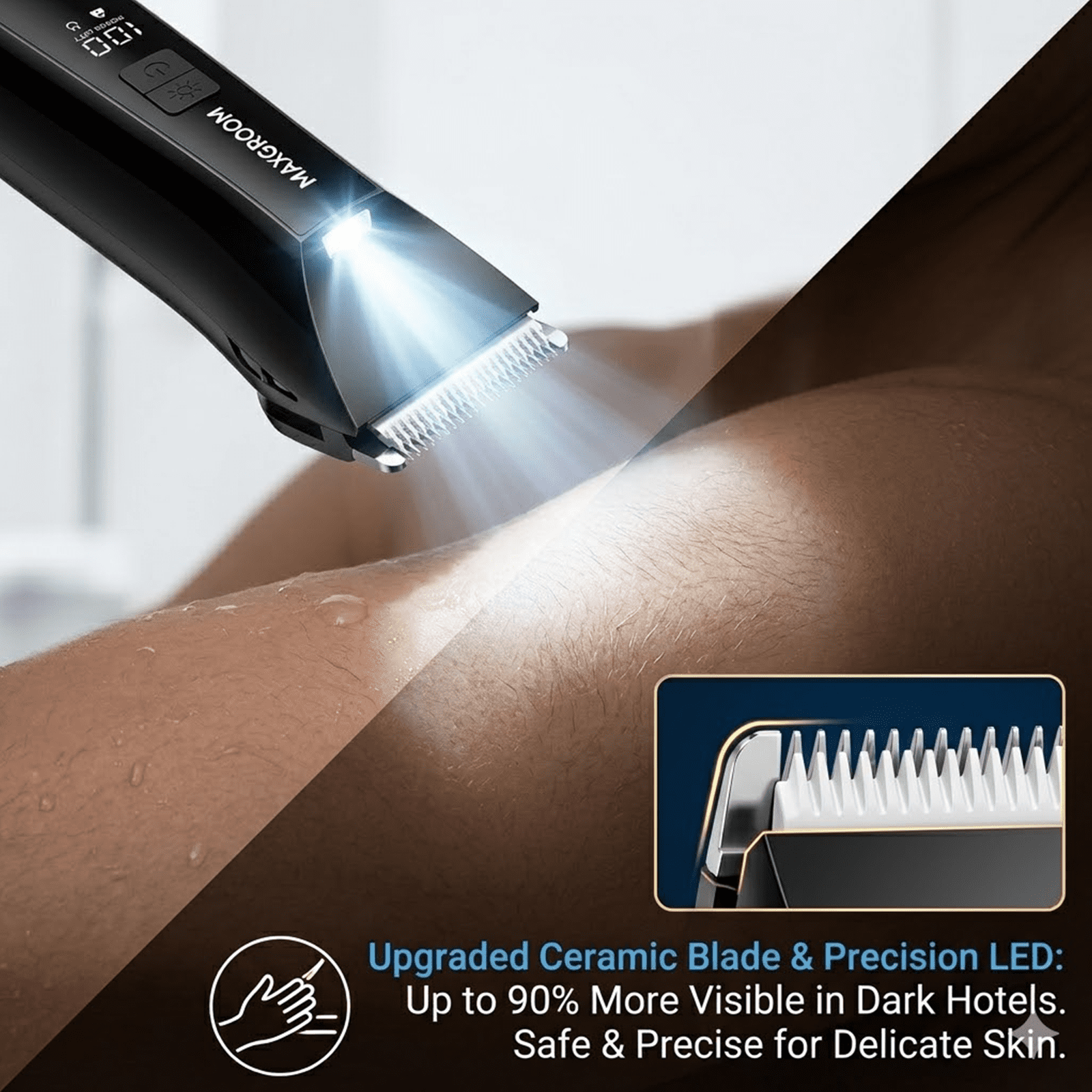 MAXGROOM 3-in-1 Electric Body Hair Trimmer for Men, Waterproof Groin & Ball Shaver with LED Light (Black, 1-Pack) cw9dw