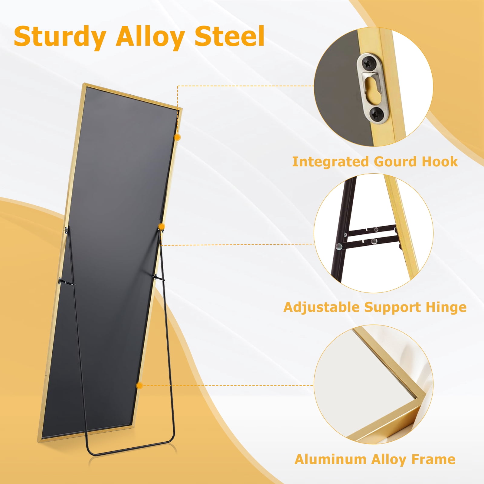 Blorly Full Length Mirror, Arched-Top Floor Mirror with Stand, Freestanding or Wall Mounted Full Body Mirror (Gold, 59 in x 16 in) zqz2q