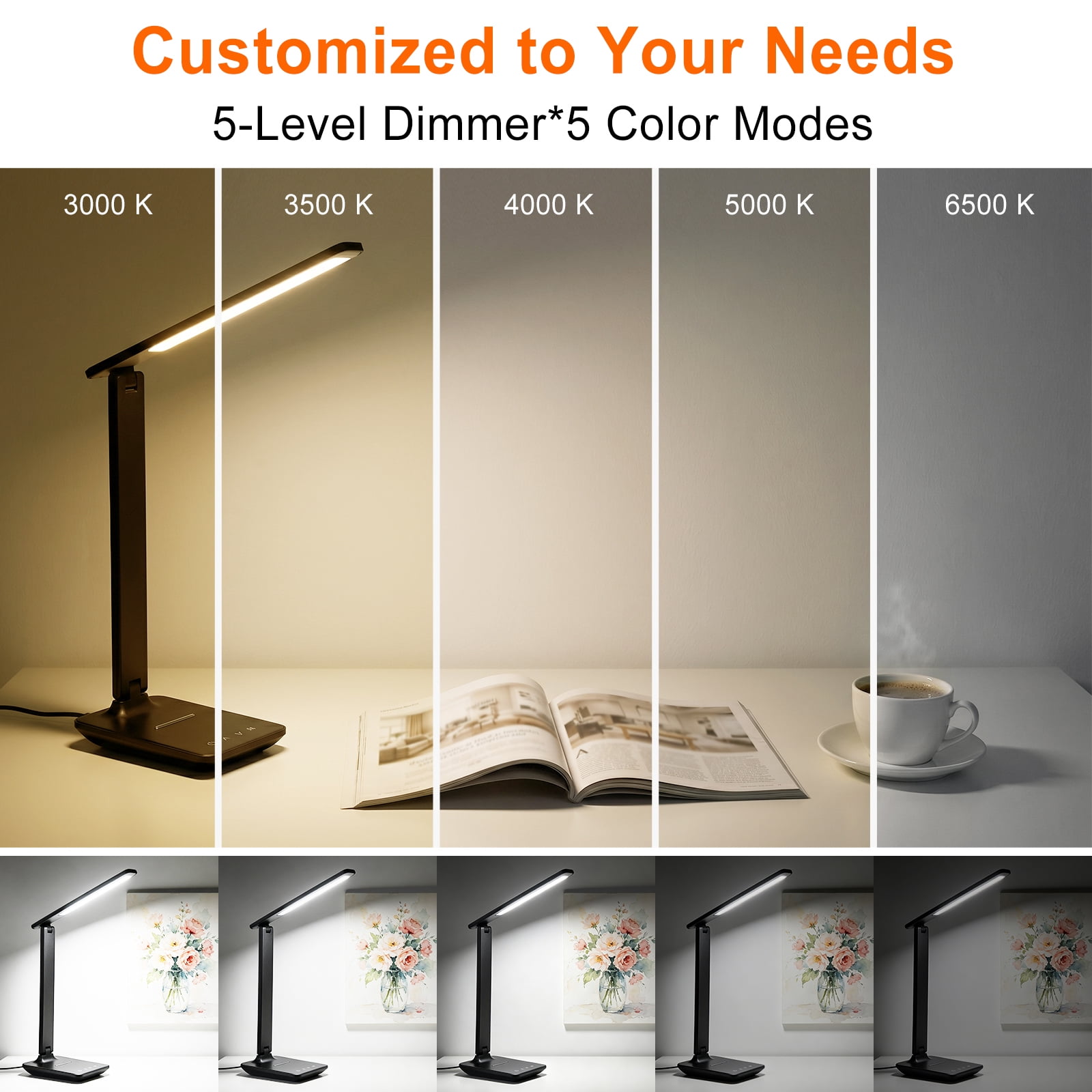 Foukus LED Desk Lamp with USB Charging Port, Dimmable Table Light for Home Office, 5 Color Modes & Touch Control (Matte Black, 15 in) lgqrs
