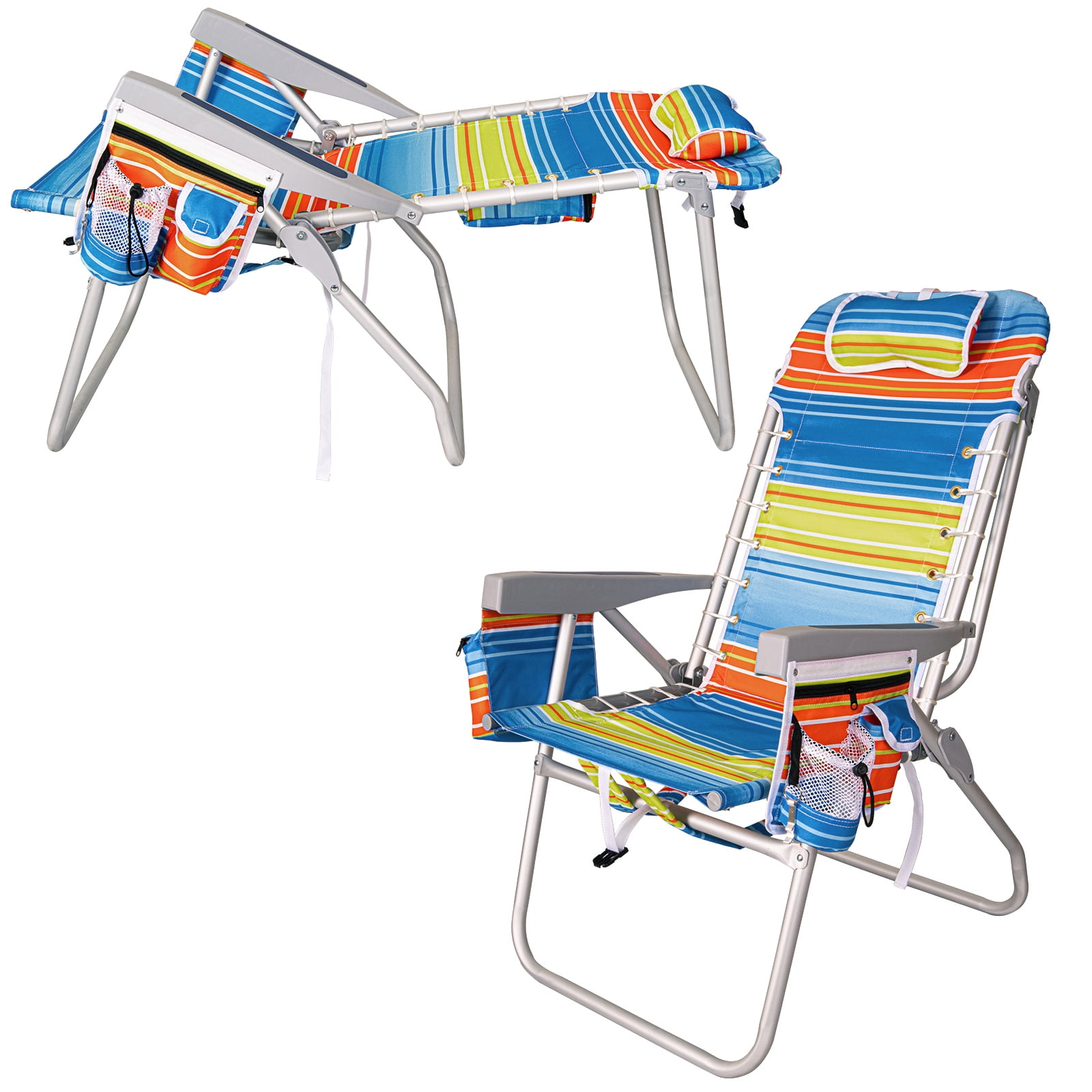 SUNSPIRE 17 in Beach Chair for Adults, 5-Position Reclining Backpack Folding Chair with Cooler Bag and Cup Holder (Red, 17 in) iqla1